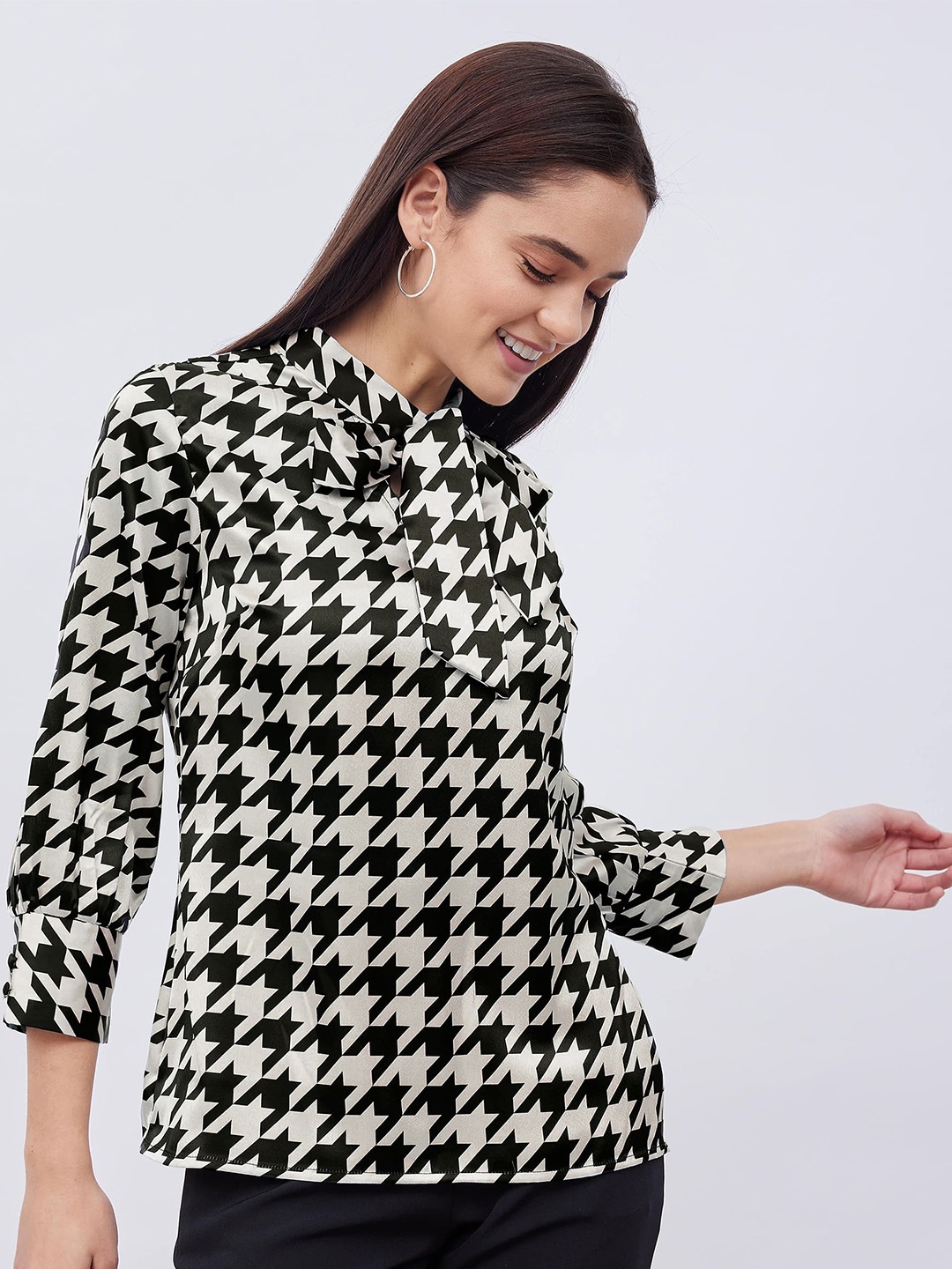

SALT ATTIRE Geometric Printed Tie Up Neck Cuffed Sleeves Satin Top, Black