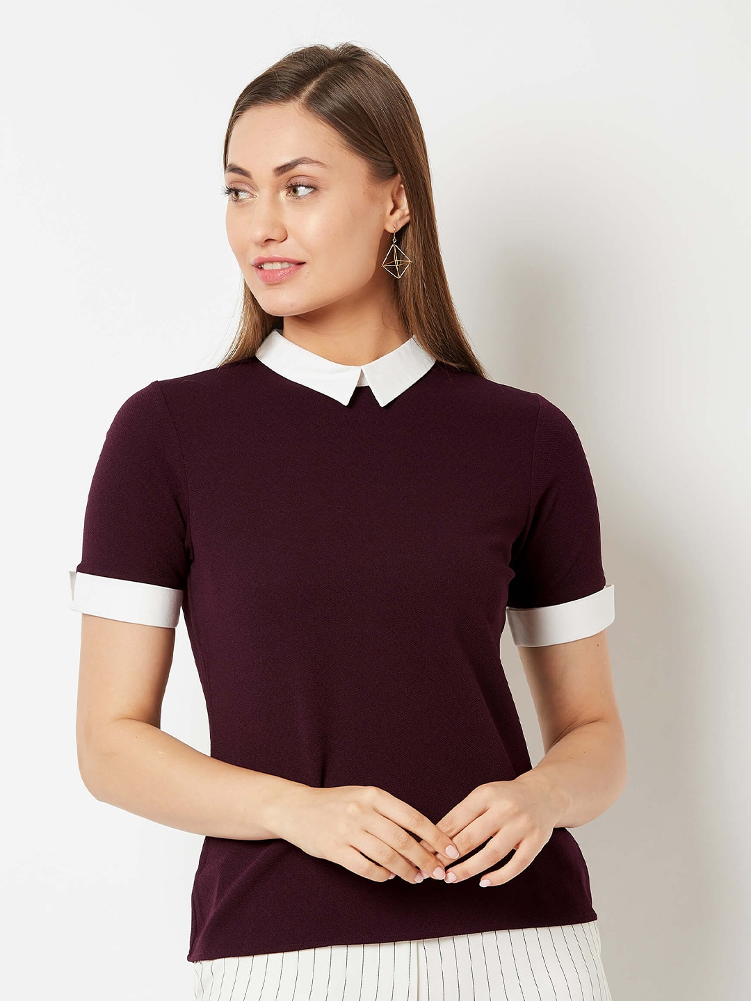

SALT ATTIRE Shirt Collar Contrast Detail Regular Top, Burgundy