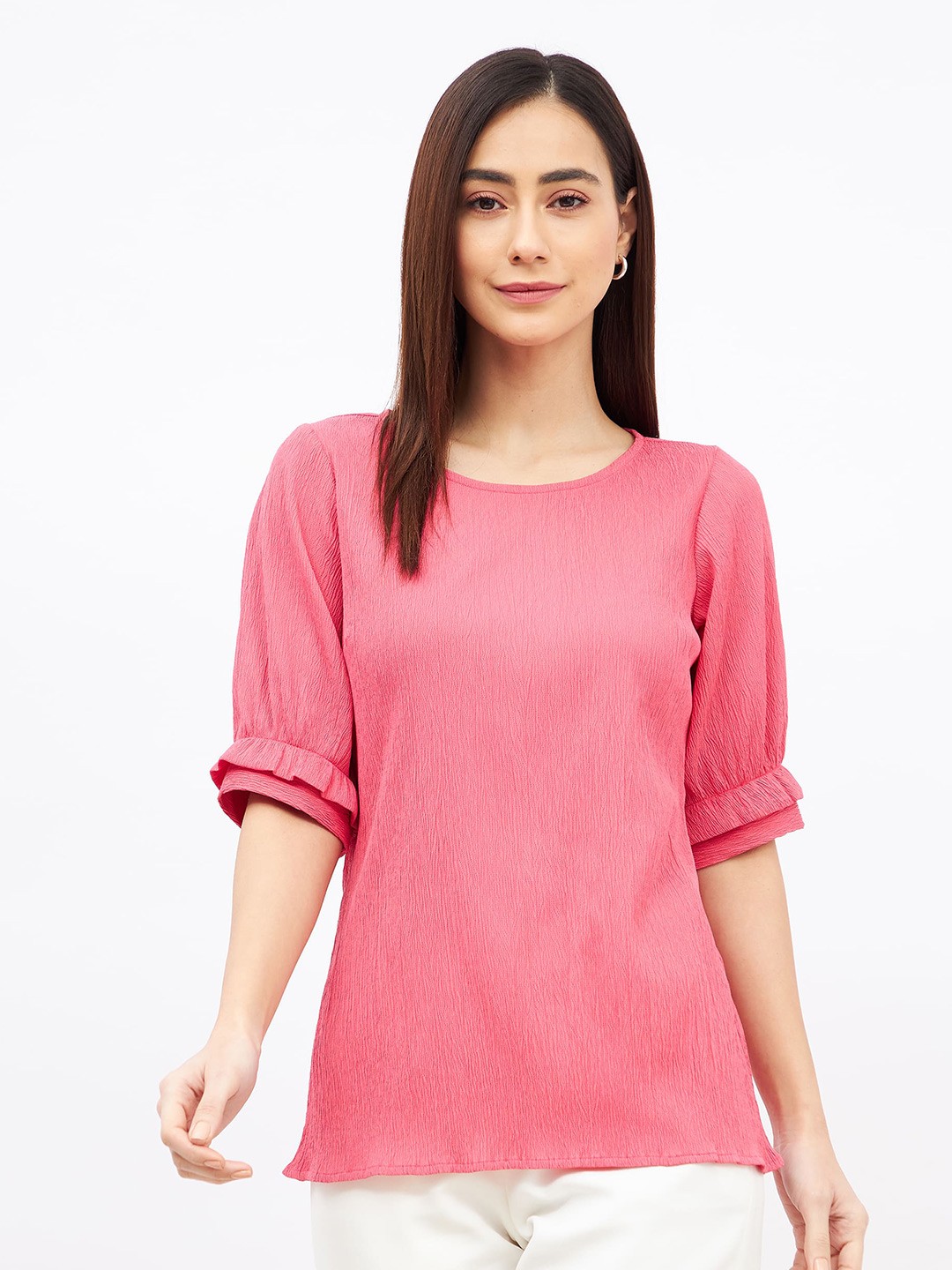 

SALT ATTIRE Puff Sleeves Ruffles Top, Pink
