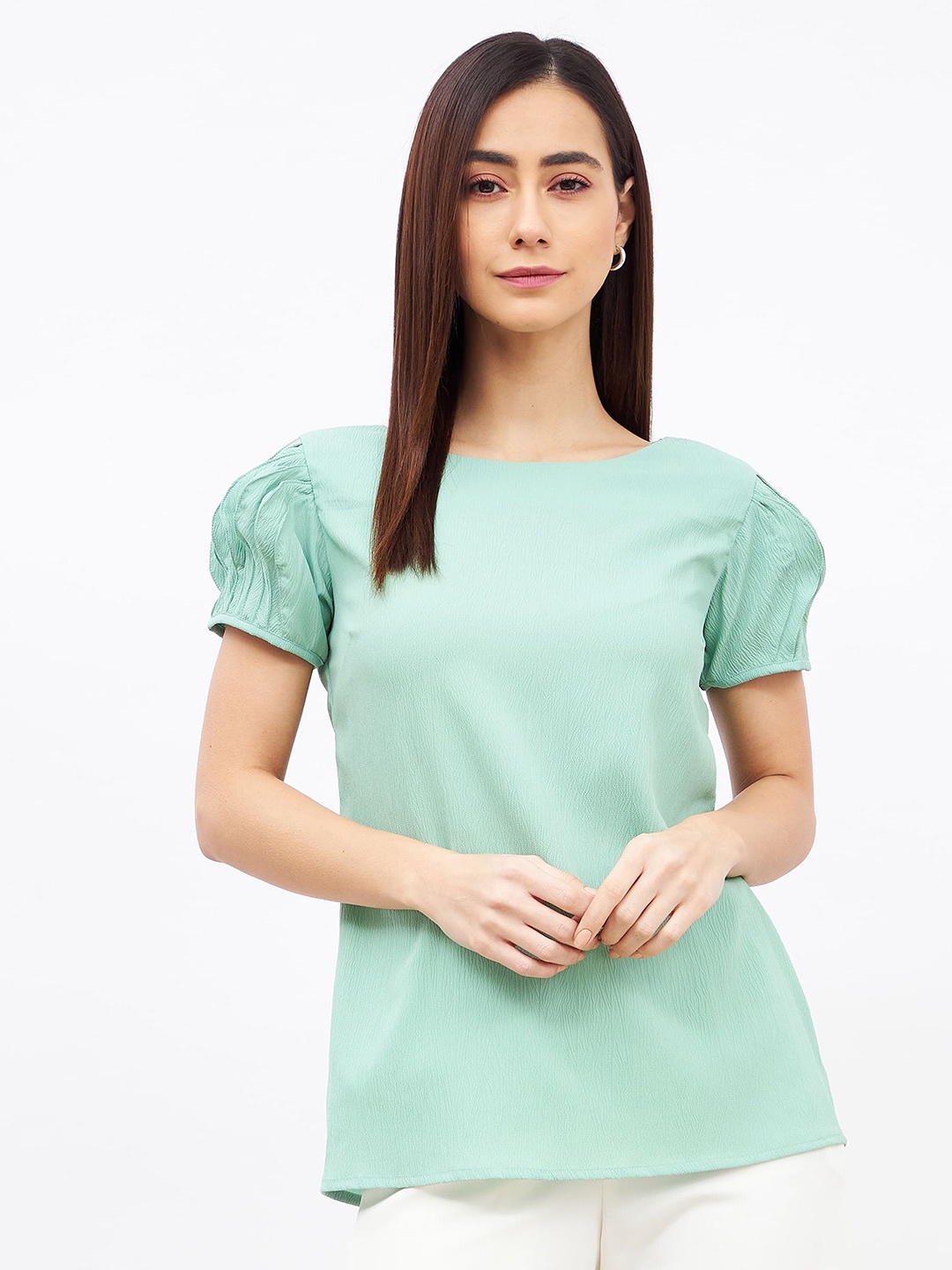 

SALT ATTIRE Boat Neck Puff Sleeves Top, Sea green
