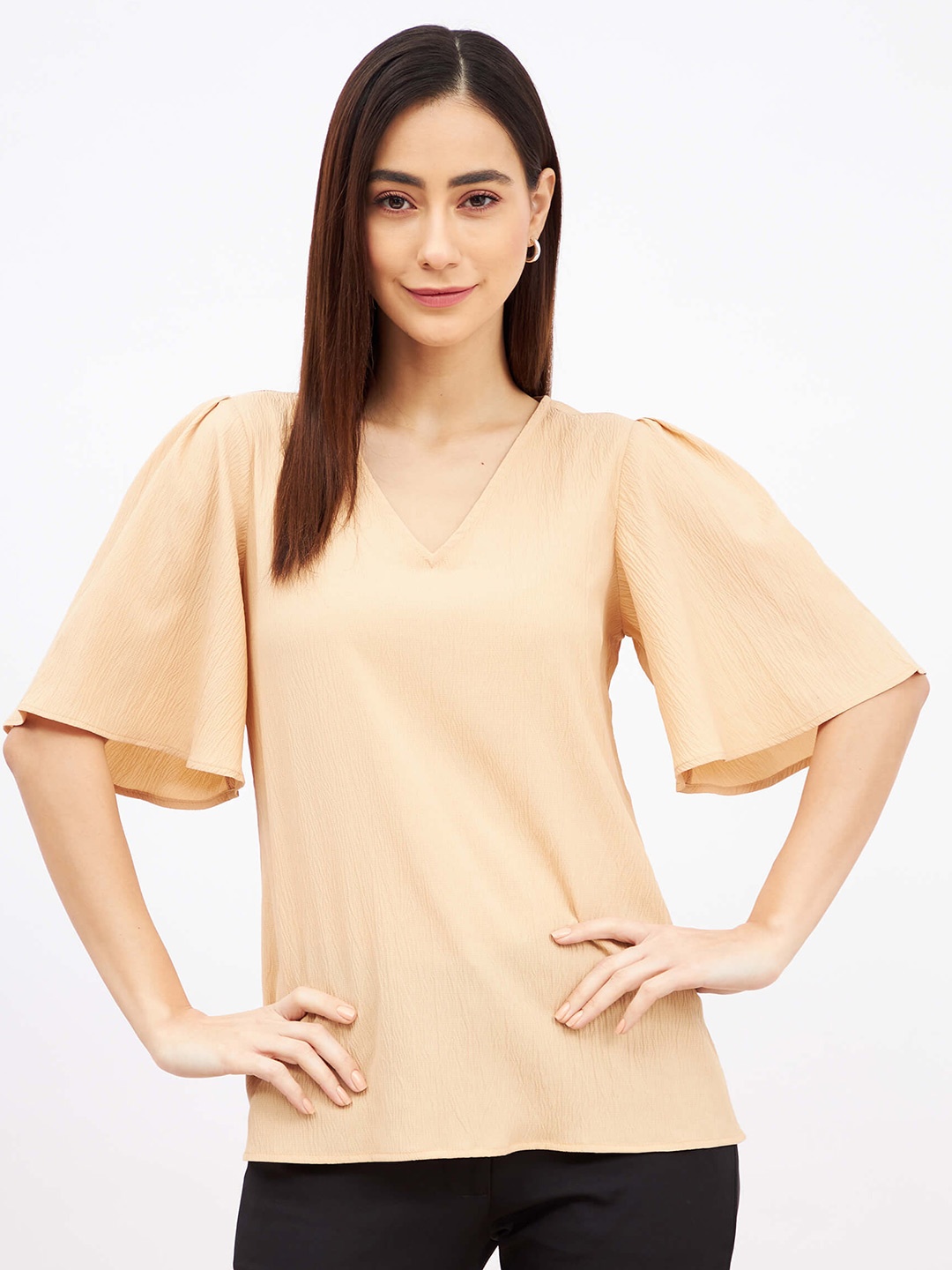 

SALT ATTIRE V-Neck Flared Sleeves Top, Beige