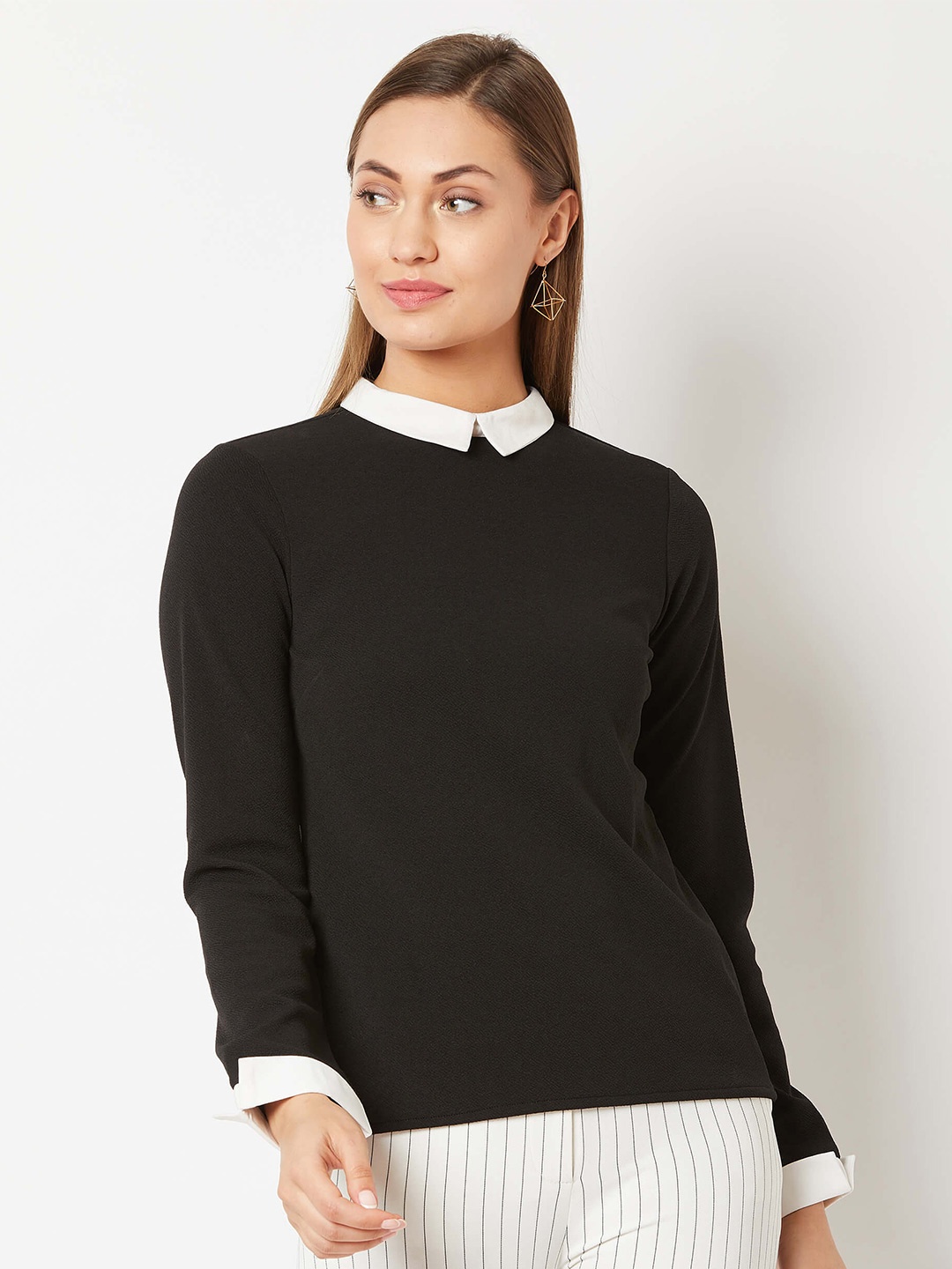 

SALT ATTIRE Shirt Collar Cuffed Sleeves Contrast Detail Top, Black