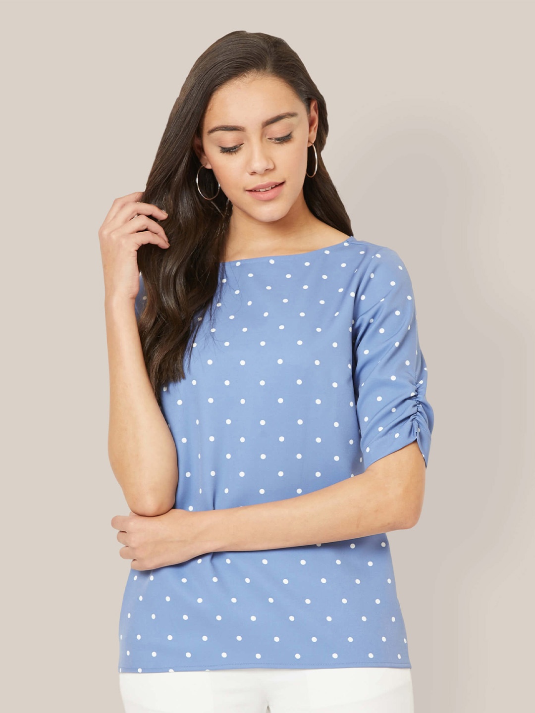 

SALT ATTIRE Polka Dot Printed Ruched Detail Top, Blue