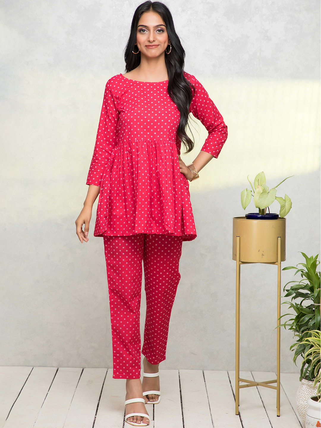 

Myshka Geometric Printed Pure Cotton Tunic With Trouser, Red