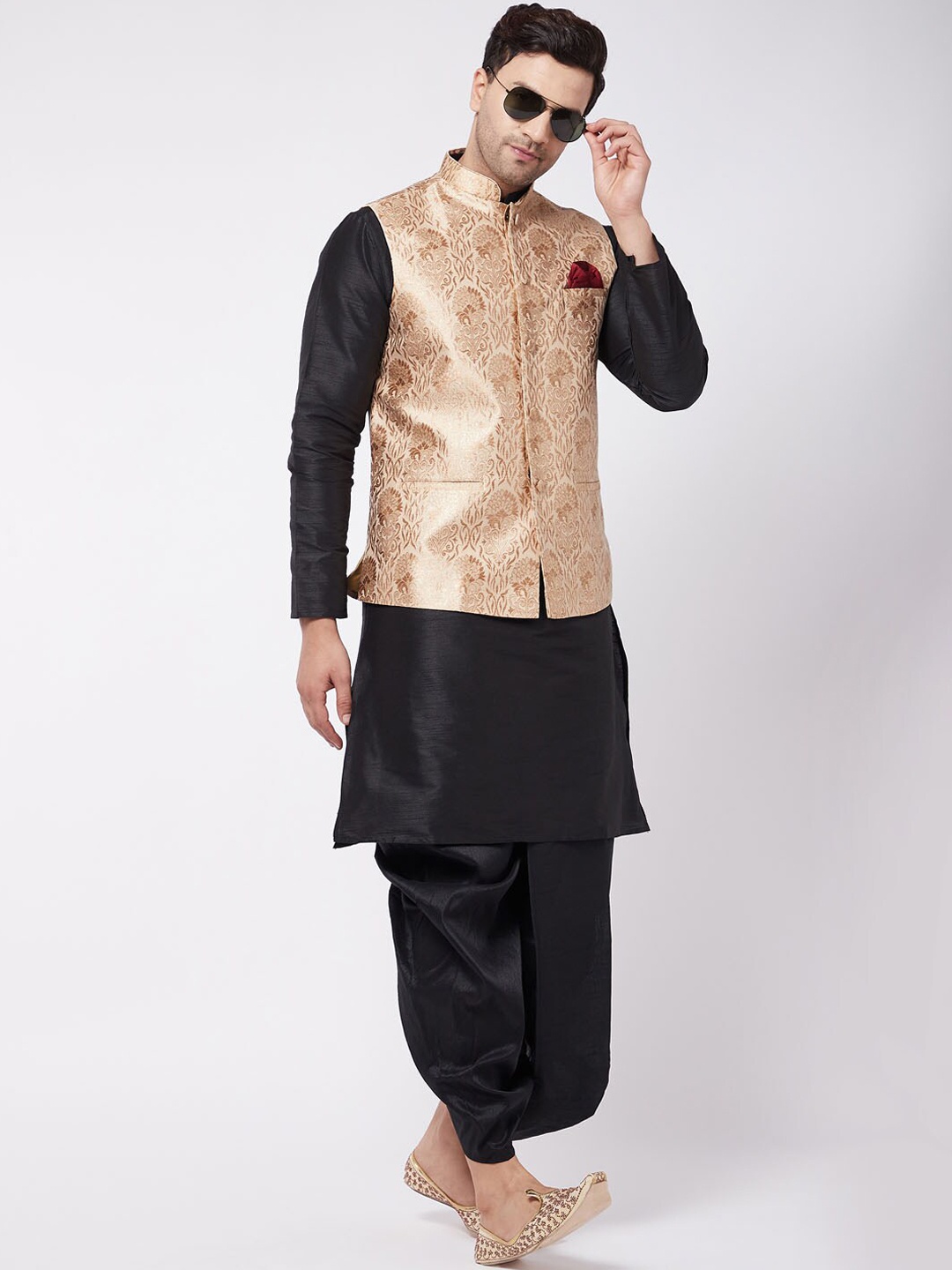 

VASTRAMAY Woven Design Mandarin Collar Regular Kurta With Dhoti Pant & Nehru Jacket, Black