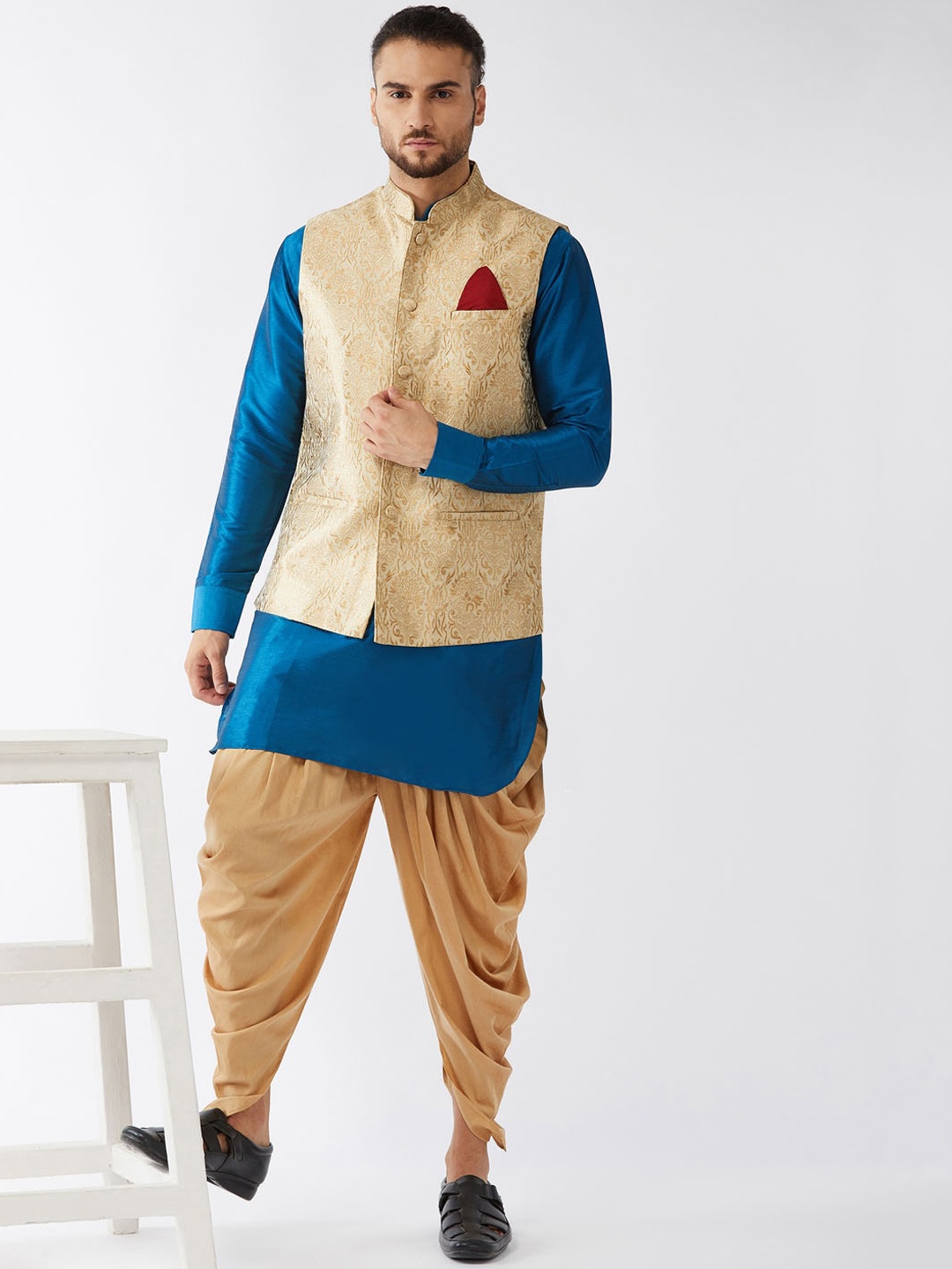 

VASTRAMAY Woven Design Mandarin Collar Regular Kurta With Dhoti Pant & Nehru Jacket, Turquoise blue