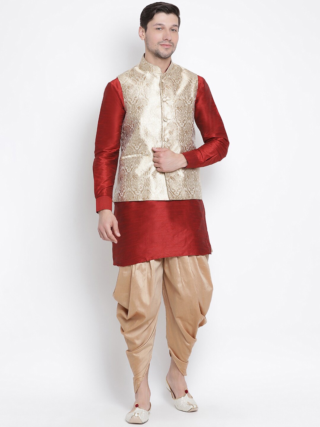 

VASTRAMAY Woven Design Mandarin Collar Regular Kurta With Dhoti Pant & Nehru Jacket, Maroon