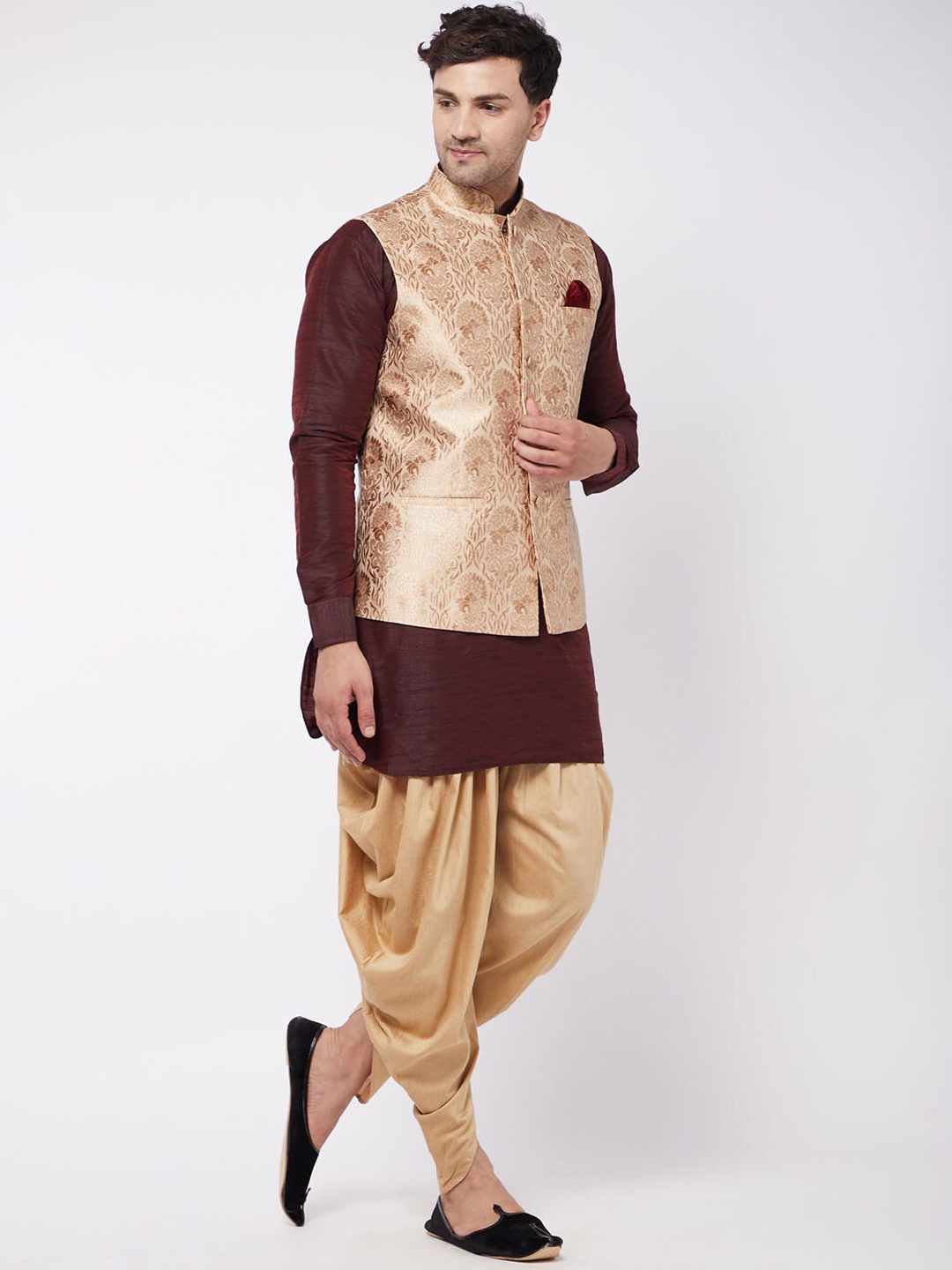 

VASTRAMAY Woven Design Mandarin Collar Regular Kurta With Dhoti Pant & Nehru Jacket, Burgundy