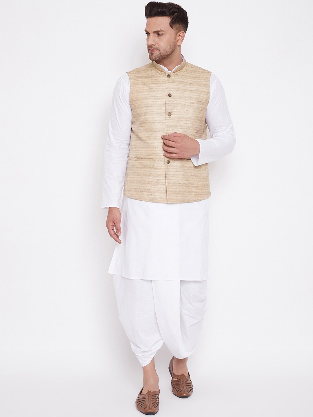 

VASTRAMAY Woven Design Mandarin Collar Regular Kurta With Dhoti Pant & Nehru Jacket, White