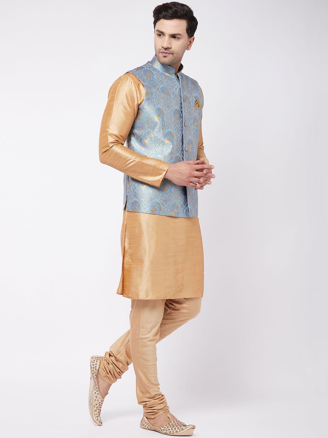 

VASTRAMAY Woven Design Regular Kurta With Churidar & Nehru Jacket, Rose gold