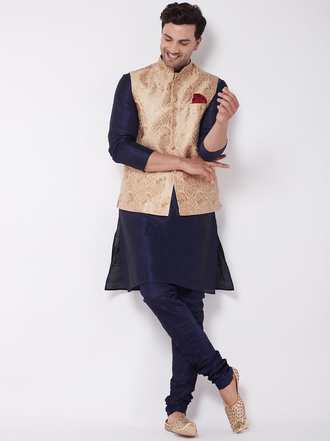 

VASTRAMAY Mandarin Collar Regular Kurta With Dhoti Pants & Nehru Jacket, Navy blue