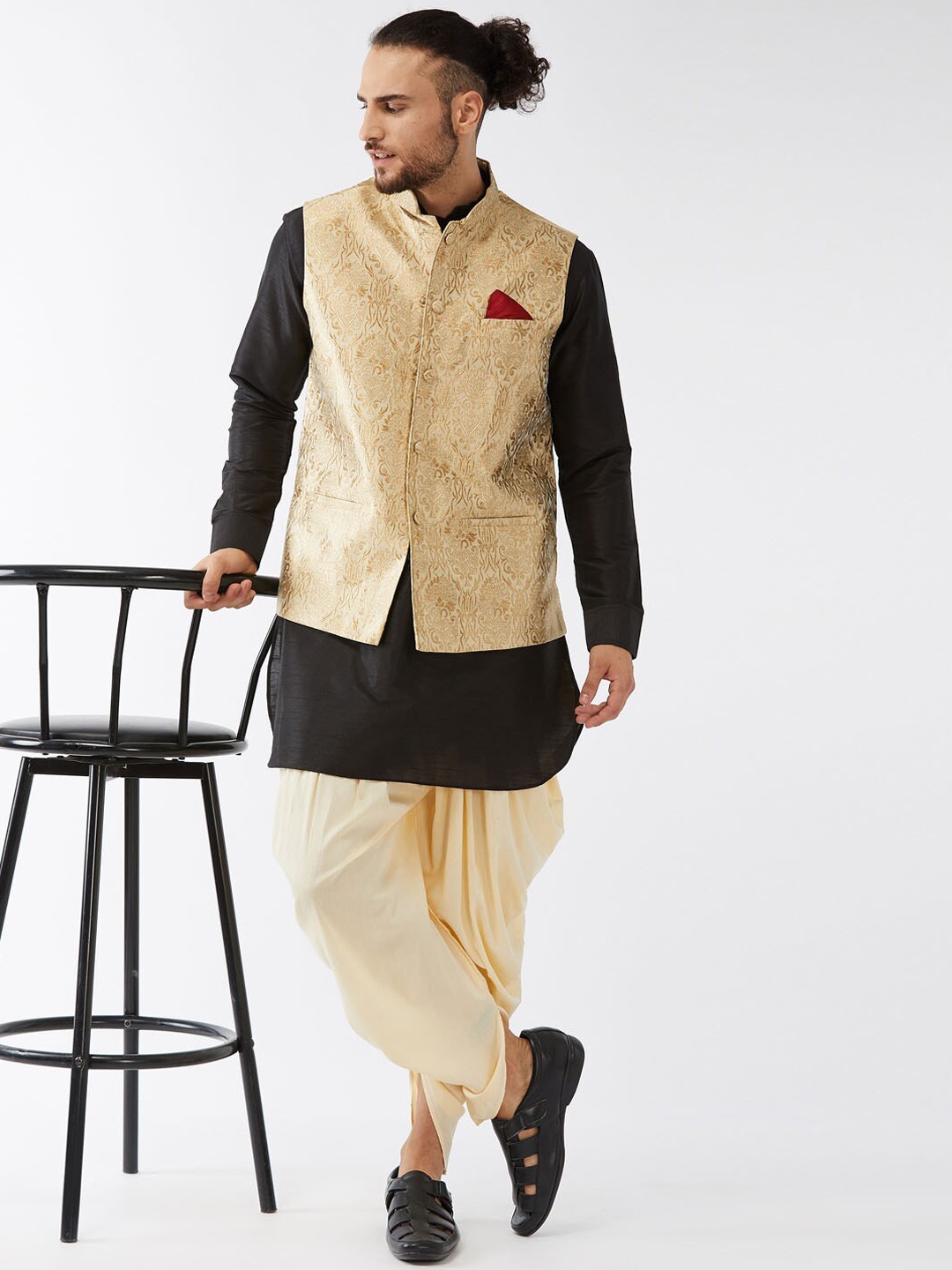 

VASTRAMAY Mandarin Collar Regular Kurta With Dhoti Pants & Nehru Jacket, Black
