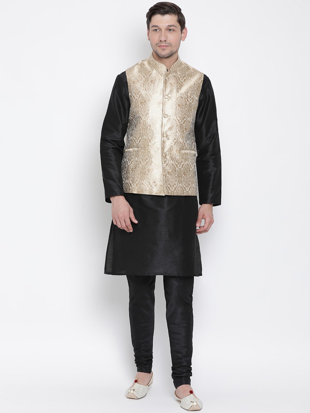

VASTRAMAY Mandarin Collar Regular Kurta With Dhoti Pants & Nehru Jacket, Black