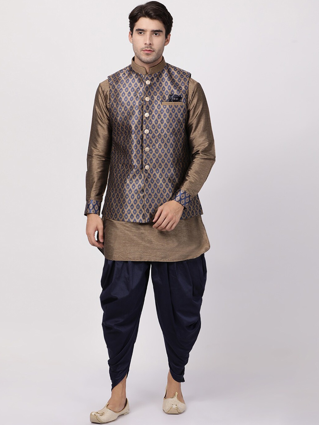 

VASTRAMAY Yoke Design Regular Kurta with Dhoti Pants, Brown