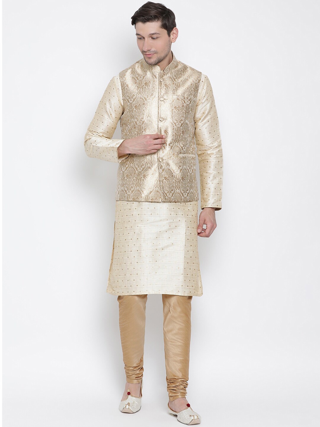 

VASTRAMAY Woven Design Regular Kurta And Churidar With Nehru Jacket, Cream