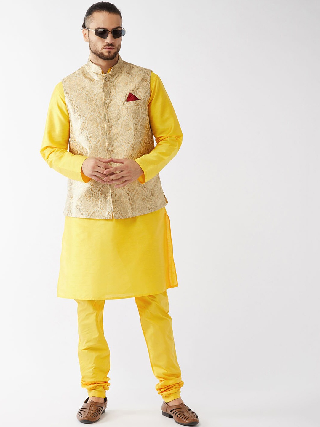 

VASTRAMAY Men Woven Design Mandarin Collar Jacket Kurta With Churidar, Yellow