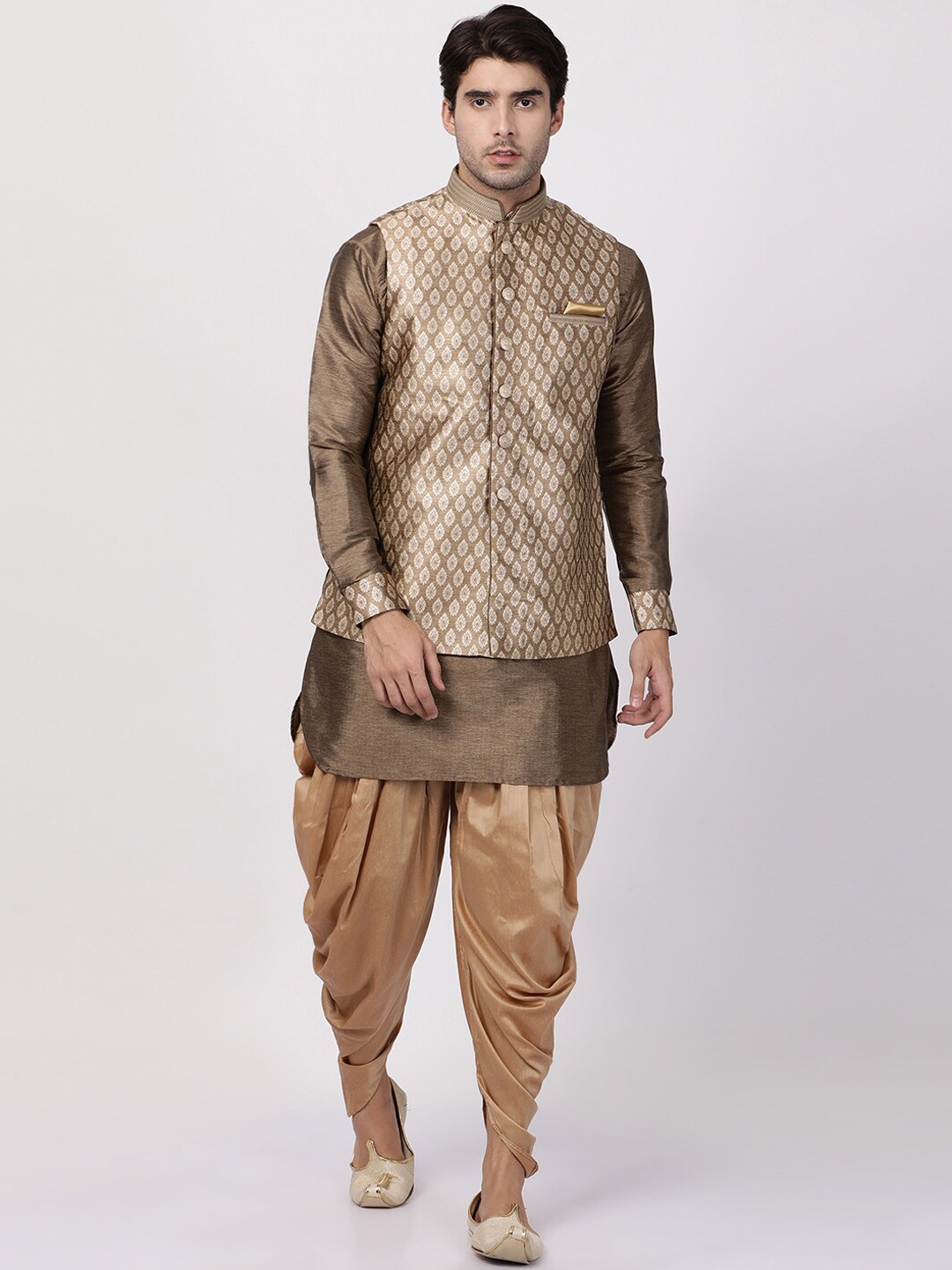 

VASTRAMAY Yoke Design Regular Kurta With Dhoti Pants & Nehru Jacket, Brown