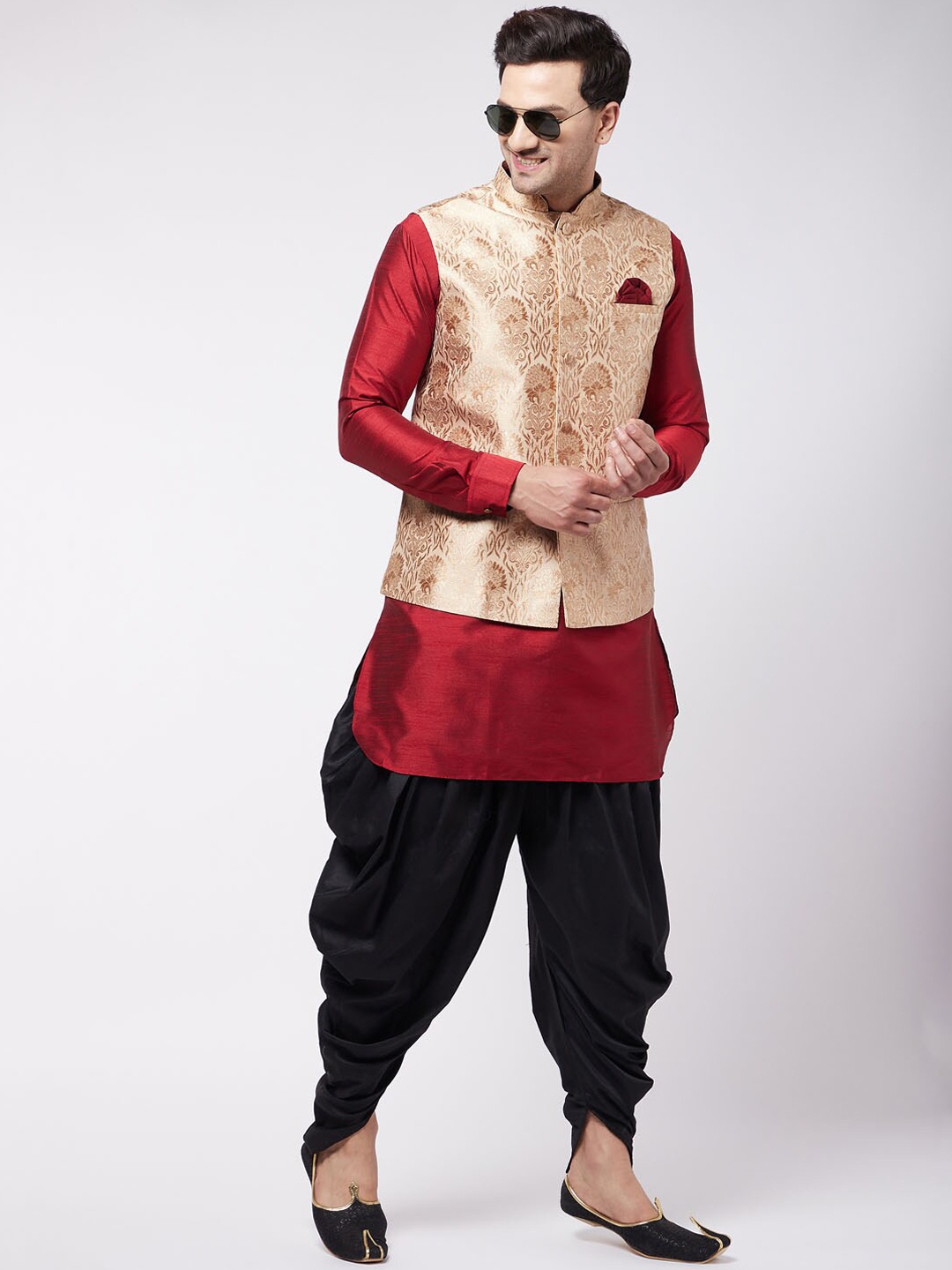 

VASTRAMAY Woven Design Mandarin Collar Nehru jacket With Kurta With Dhoti Pants, Maroon