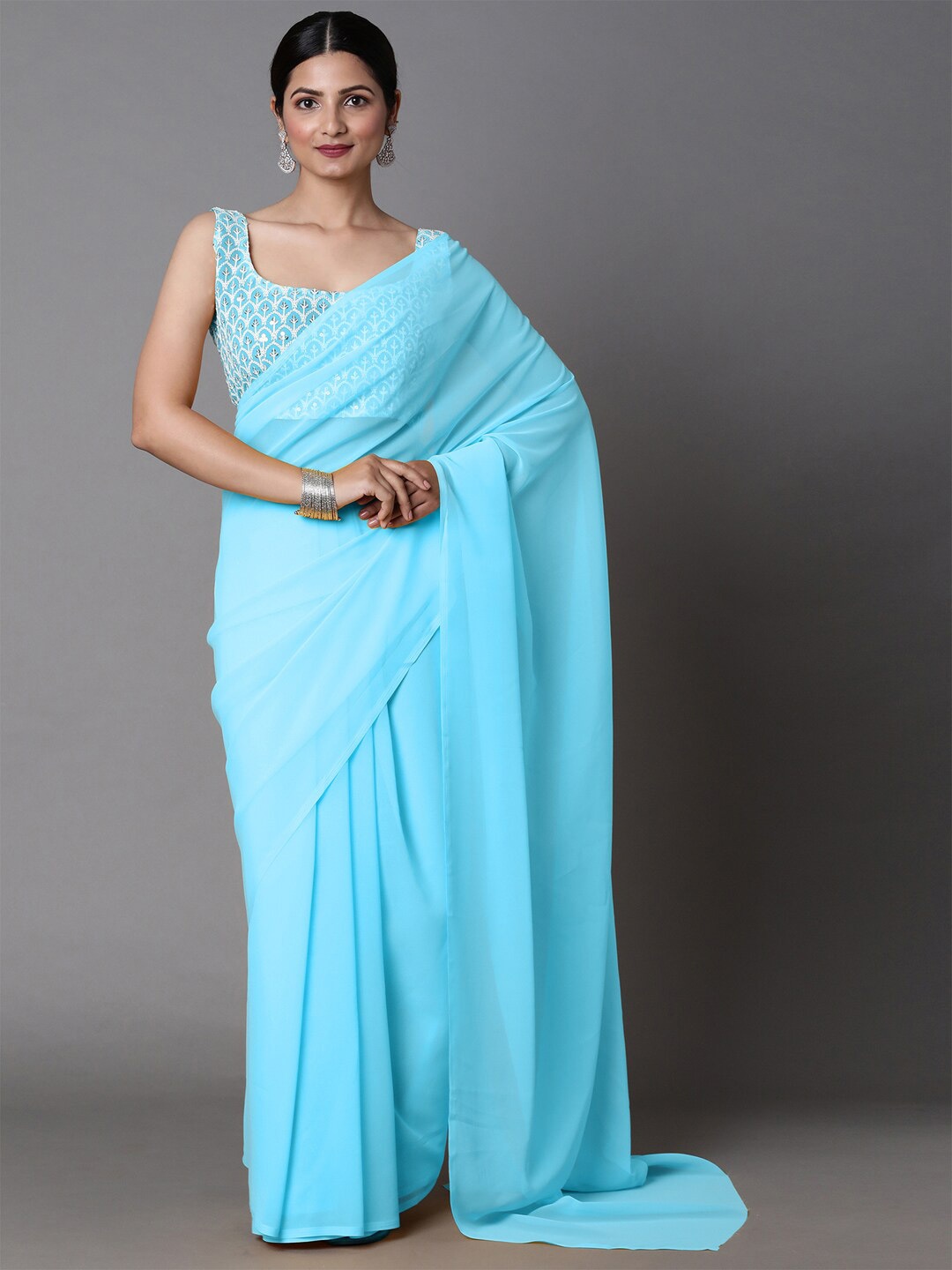 

Mitera Turquoise Blue Poly Georgette Saree