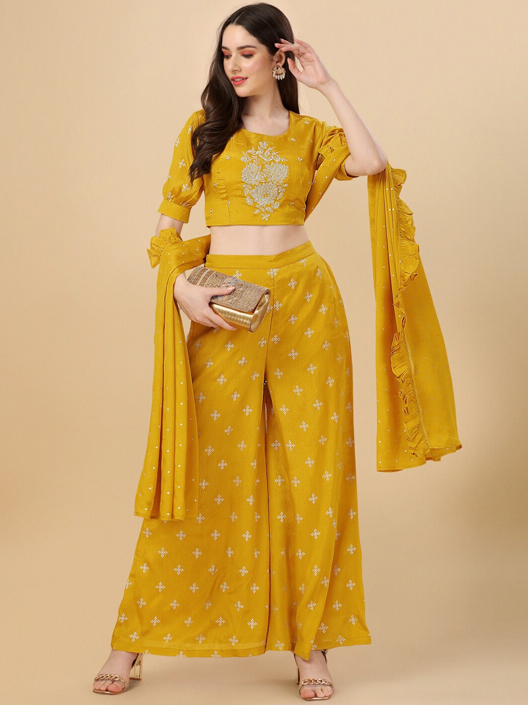 

PMD Fashion Floral Embroidered Regular Top with Palazzos & Dupatta, Mustard