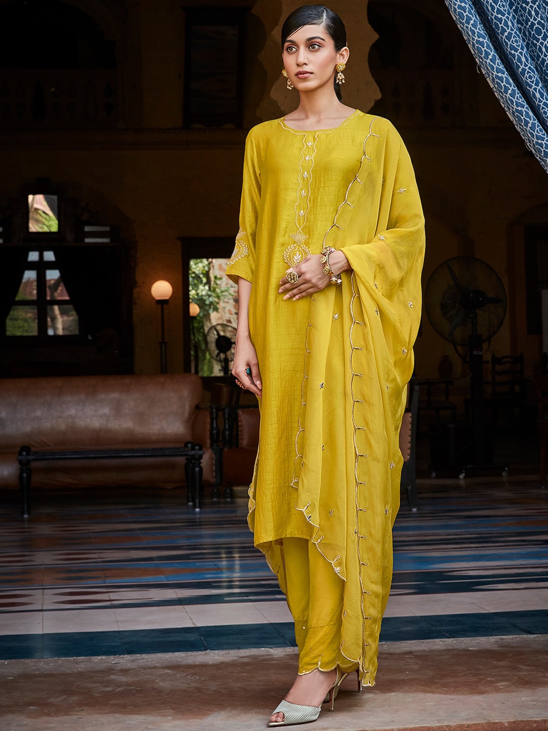 

Jaipur Kurti Mustard Yellow Regular Straight Kurta With Palazzos & Dupatta
