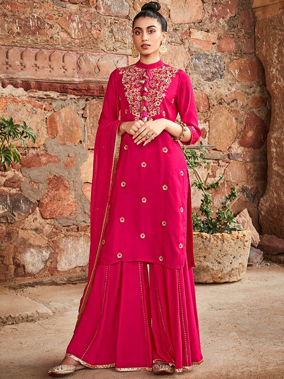 

Jaipur Kurti Ethnic Motifs Embroidered Zardozi Kurta with Sharara & Dupatta, Pink