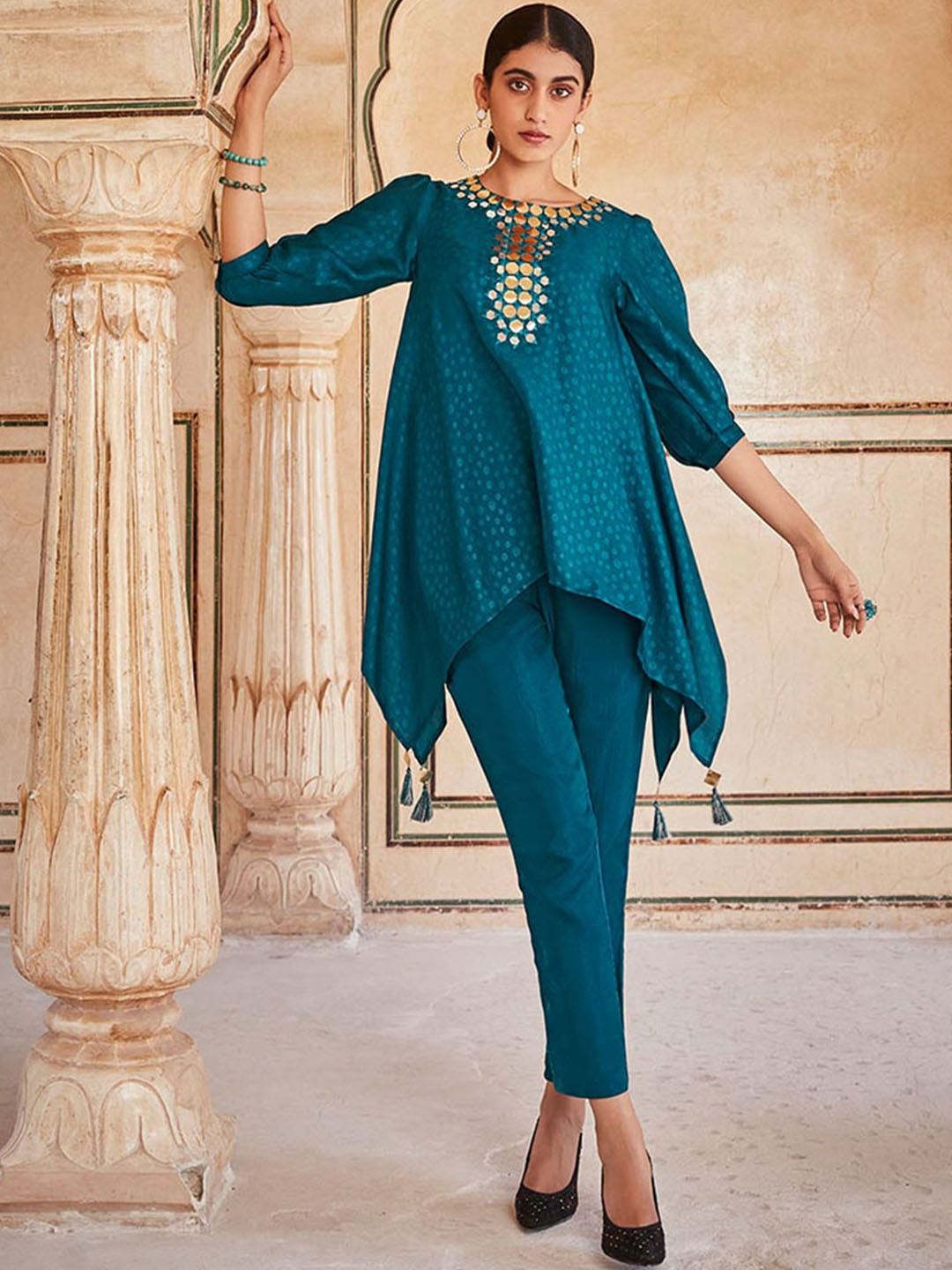

Jaipur Kurti Teal Blue Self Design Mirror Embellished Top With Trousers Co-Ords