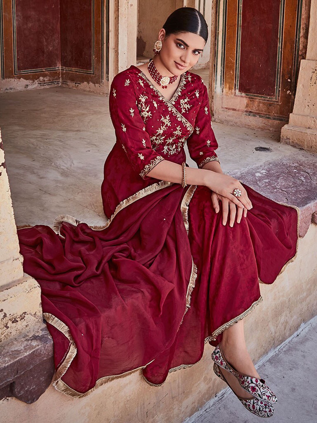 

Jaipur Kurti Maroon Empire Anarkali Zardozi Kurta with Trousers & Dupatta