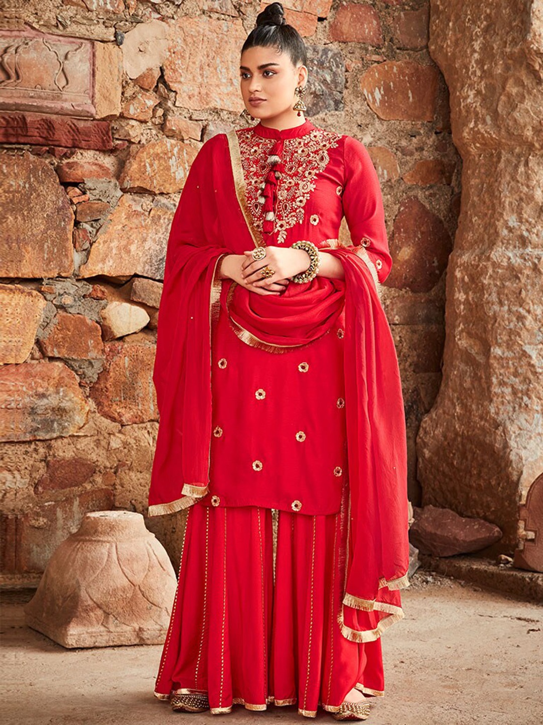 

Jaipur Kurti Regular Zardozi Kurta With Sharara & Dupatta, Red