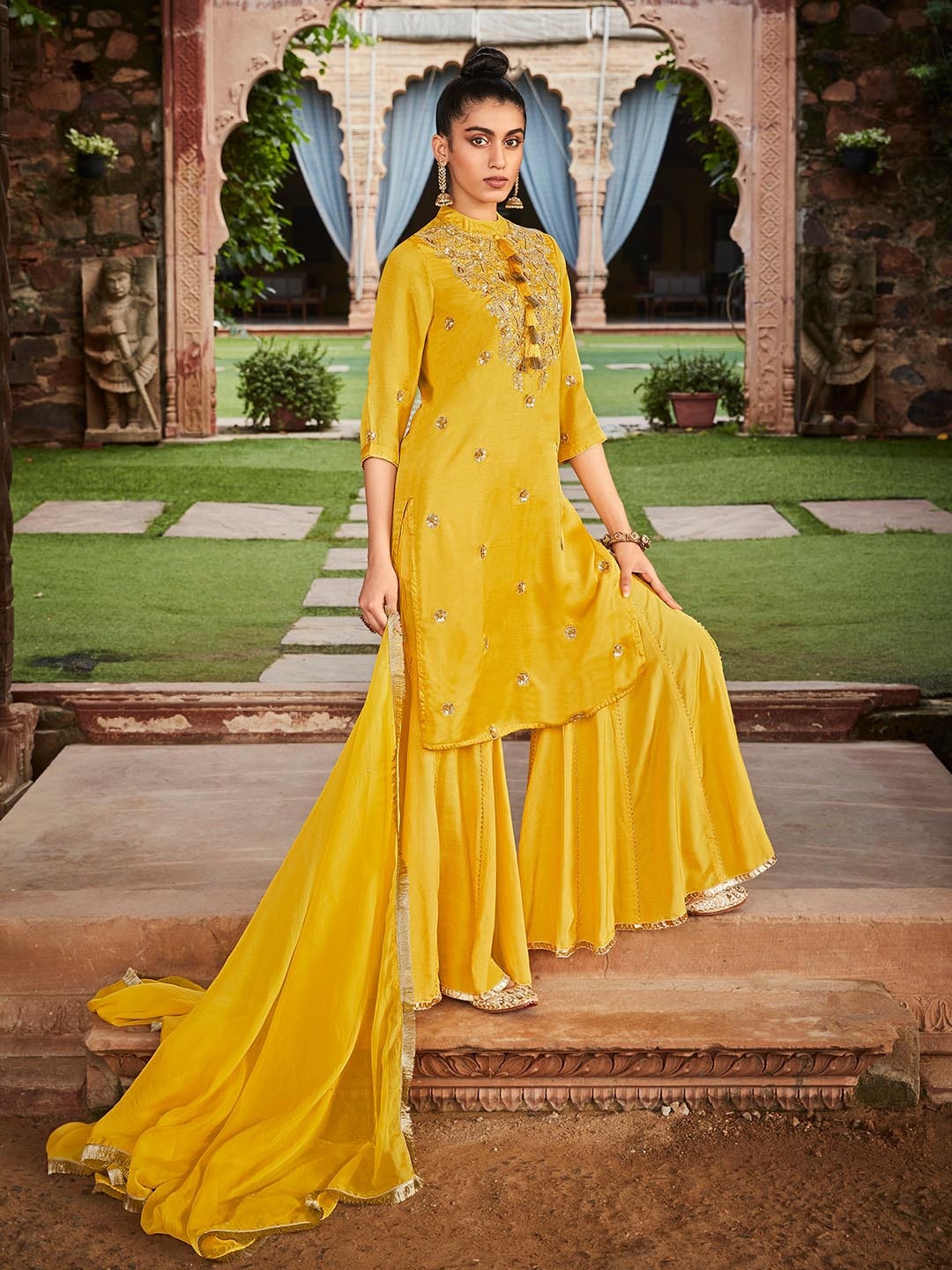 

Jaipur Kurti Sequin Embellished Regular Kurta & Sharara With Dupatta, Yellow