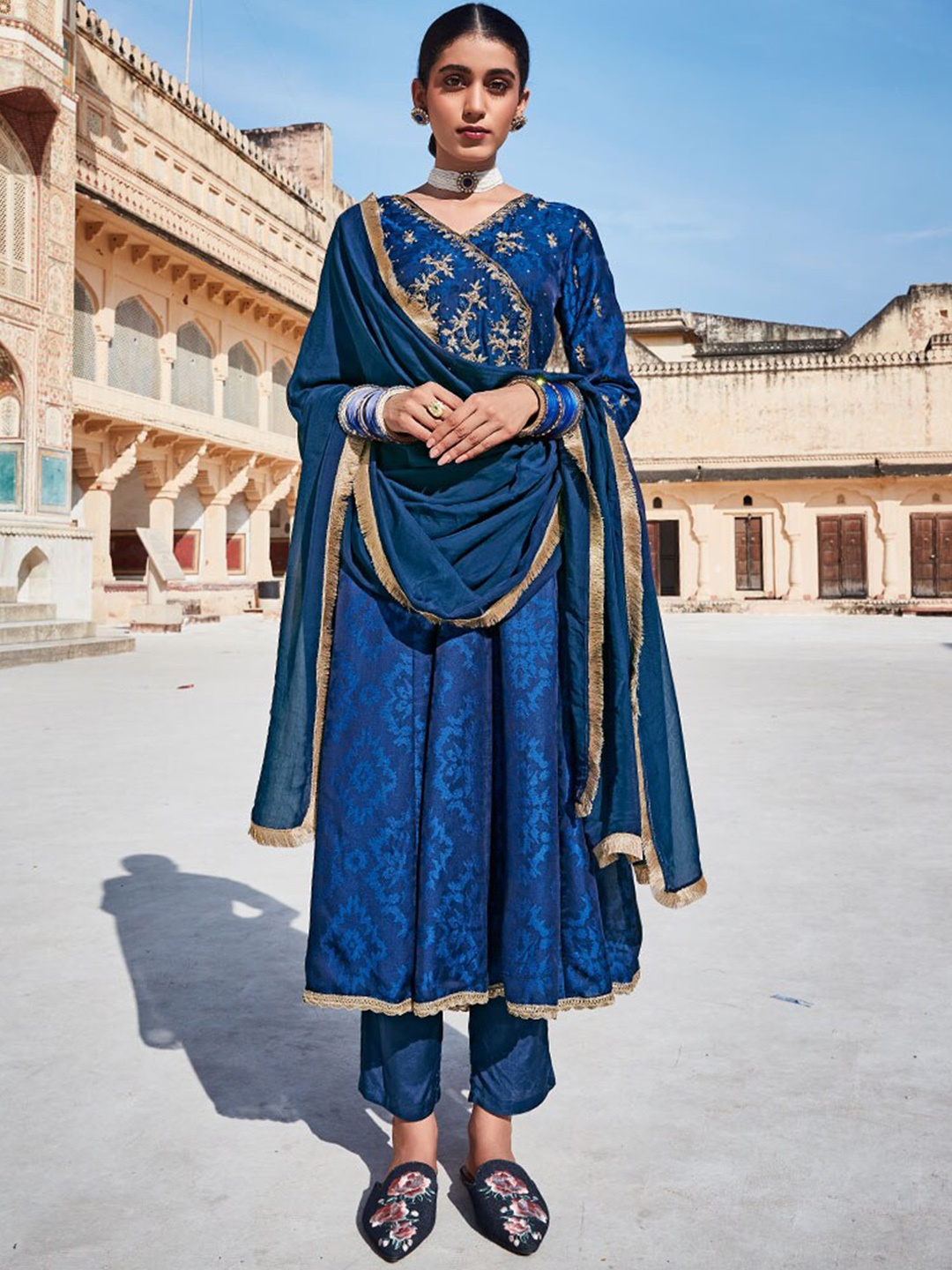 

Jaipur Kurti Woven Design Zardozi Anarkali Kurta with Trousers & Dupatta, Blue