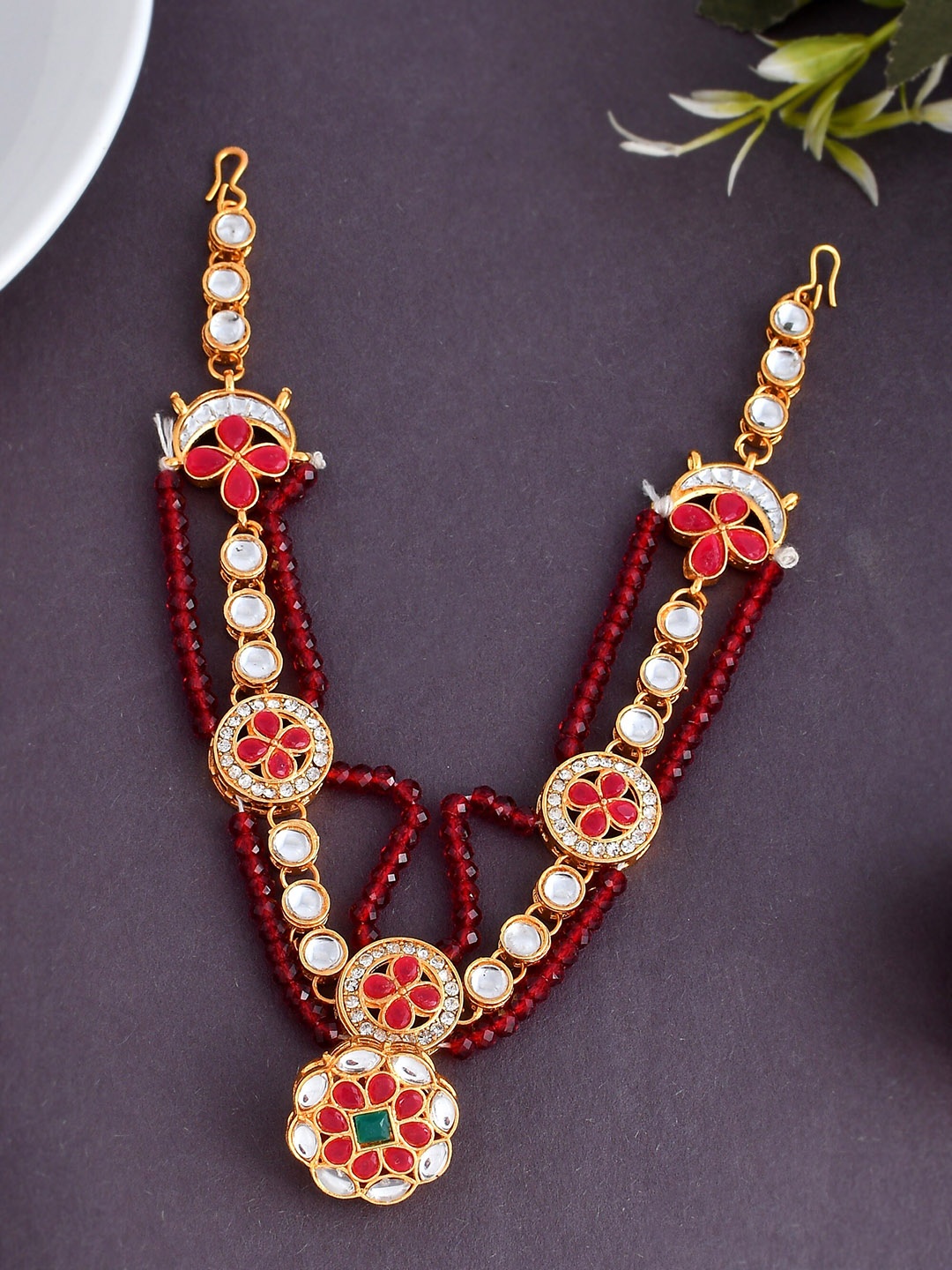

Silvermerc Designs Gold-Plated Kundan-Studded & Beaded Sheeshphool