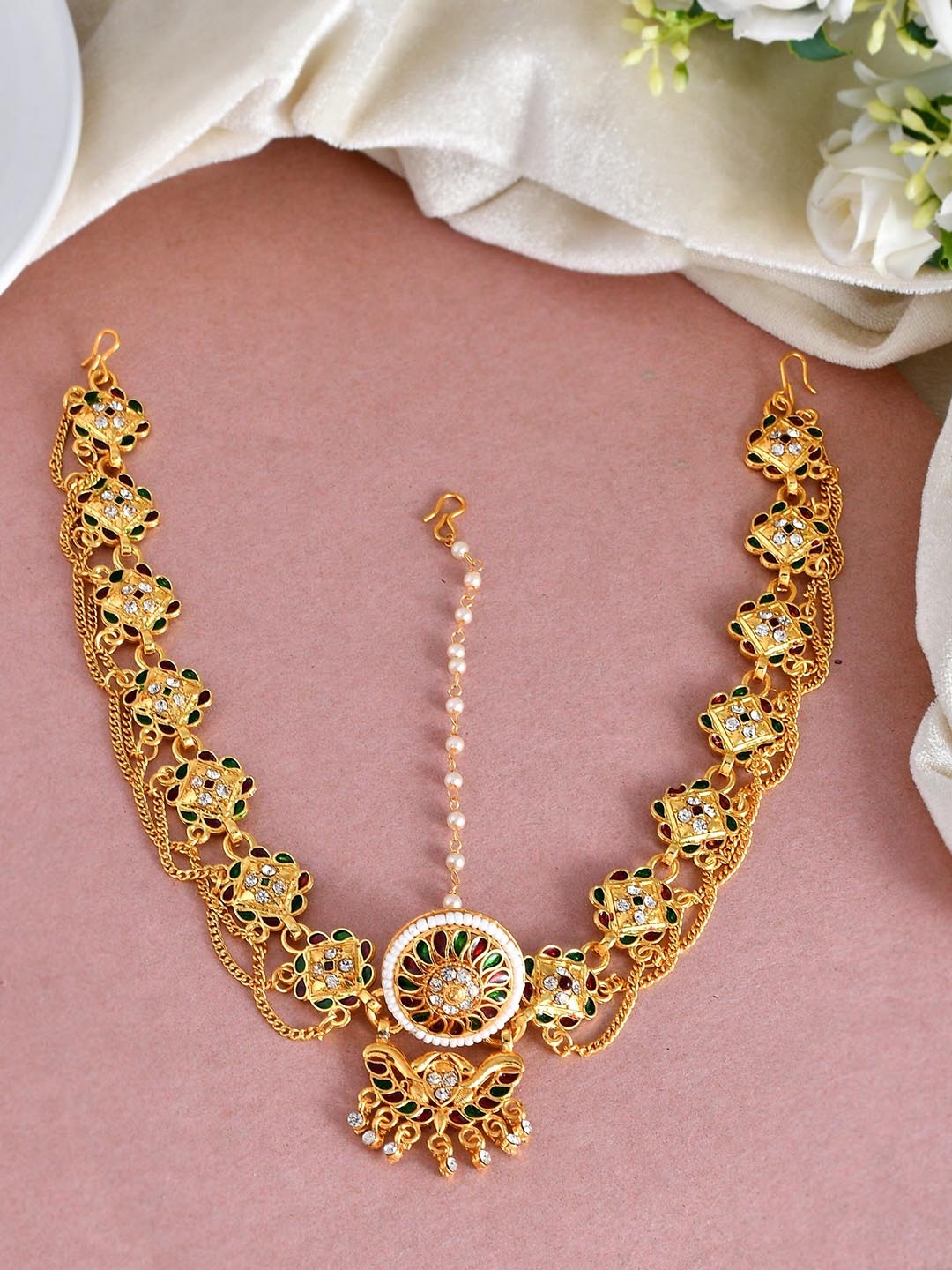 

Silvermerc Designs Gold-Plated Stone-Studded & Beaded Sheeshphool