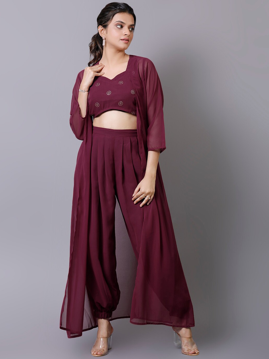 

V TRADITION Embellished Top & Pyjama With Shrug, Maroon