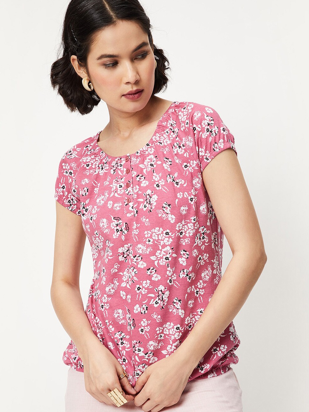 

max Floral Printed Extended Sleeves Pure Cotton Top, Pink