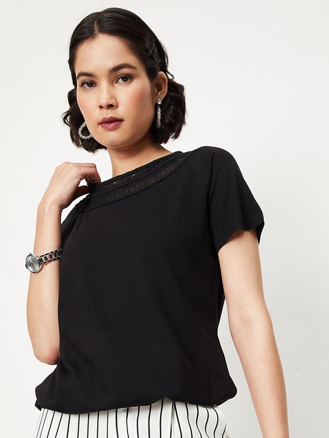 

max Extended Sleeves Lace Inserts Pure Cotton Top, Black