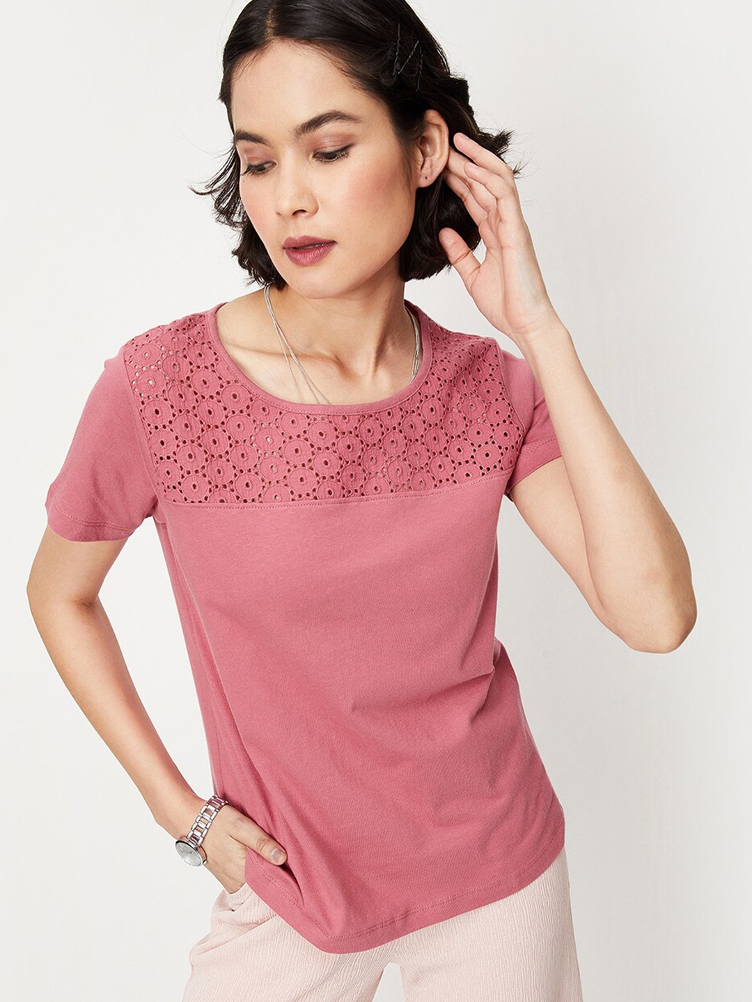 

max Round Neck Lace Insert Pure Cotton Top, Mauve