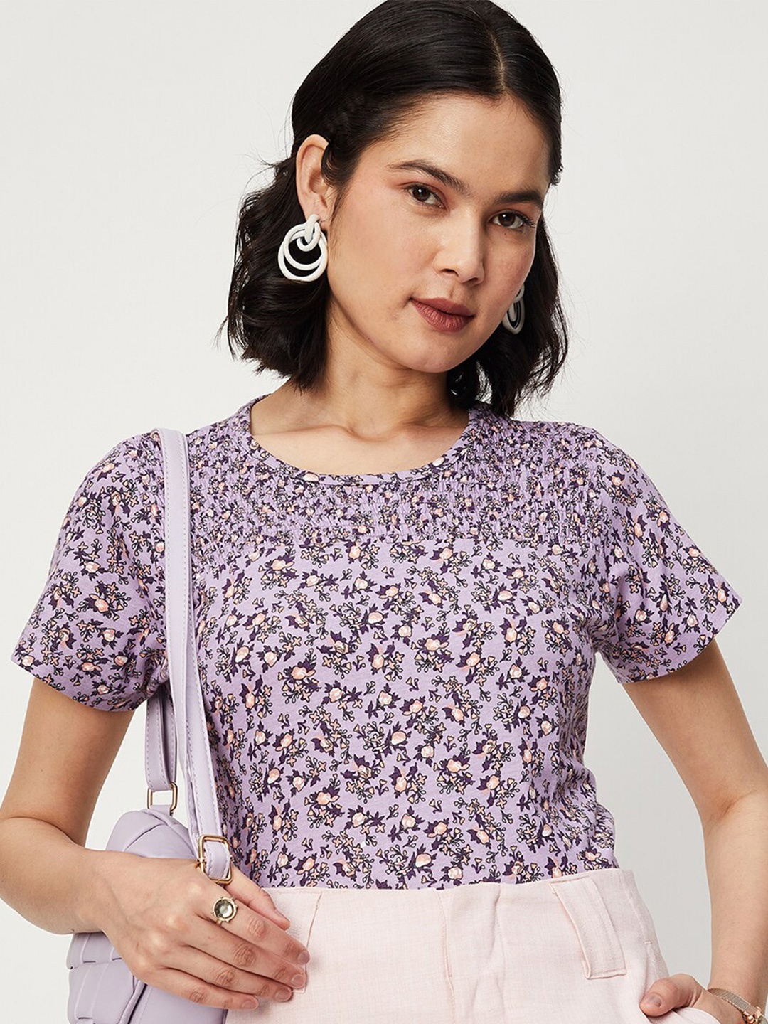 

max Floral Printed Smocking Pure Cotton Top, Purple
