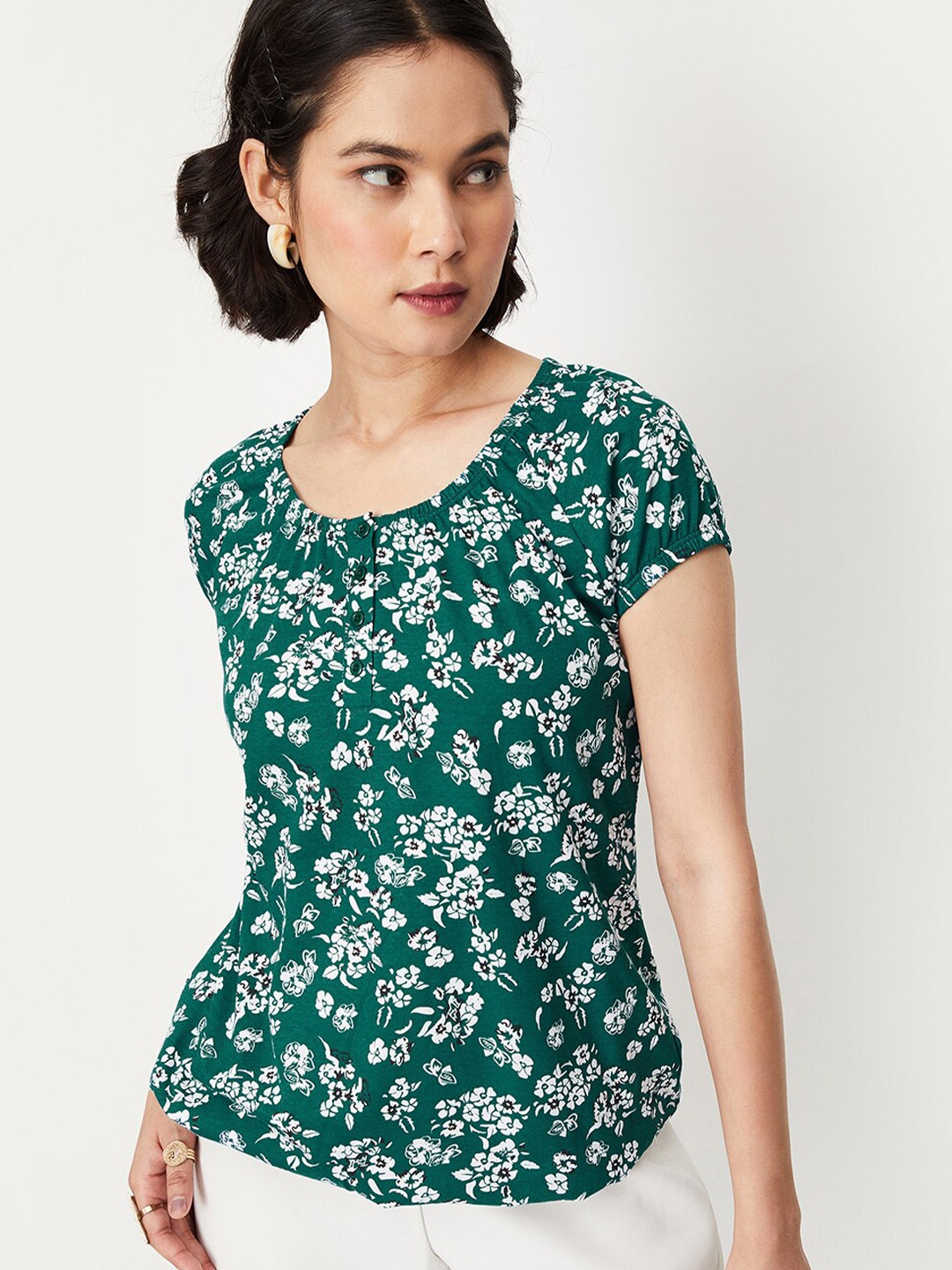 

max Floral Printed Extended Sleeves Pure Cotton Top, Teal