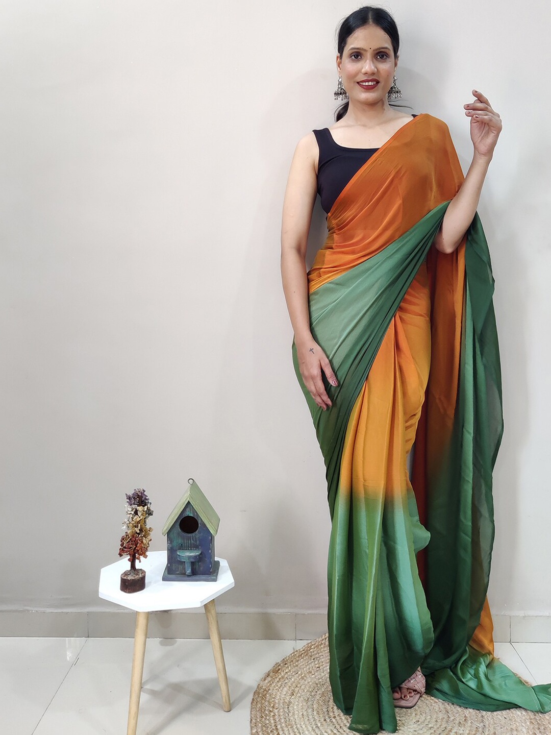 

Mitera Mustard & Green Ombre Dyed Ready To Wear Saree