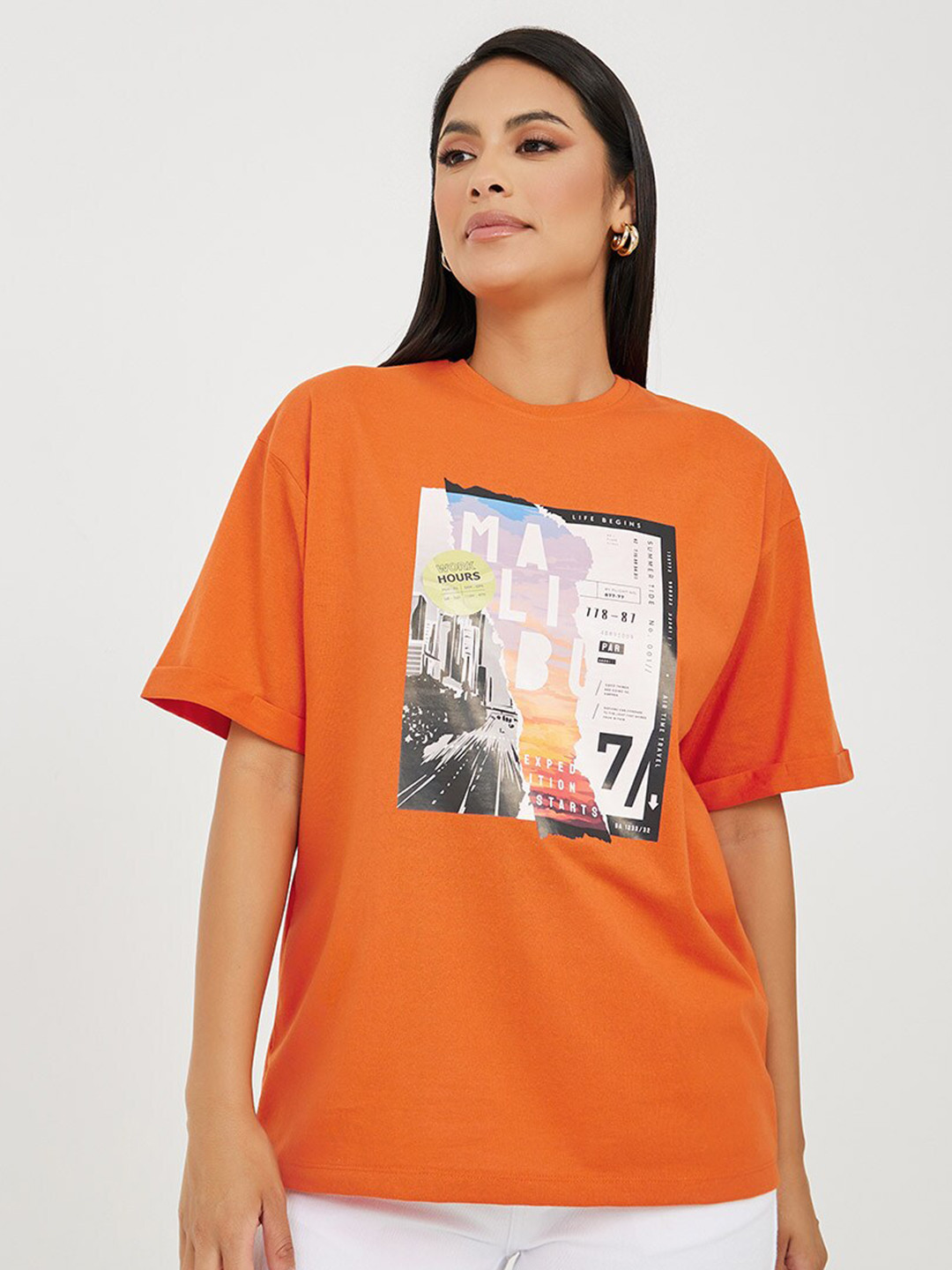 

Styli Graphic Printed Drop Shoulder Sleeves Relaxed Fit Cotton T-shirt, Orange