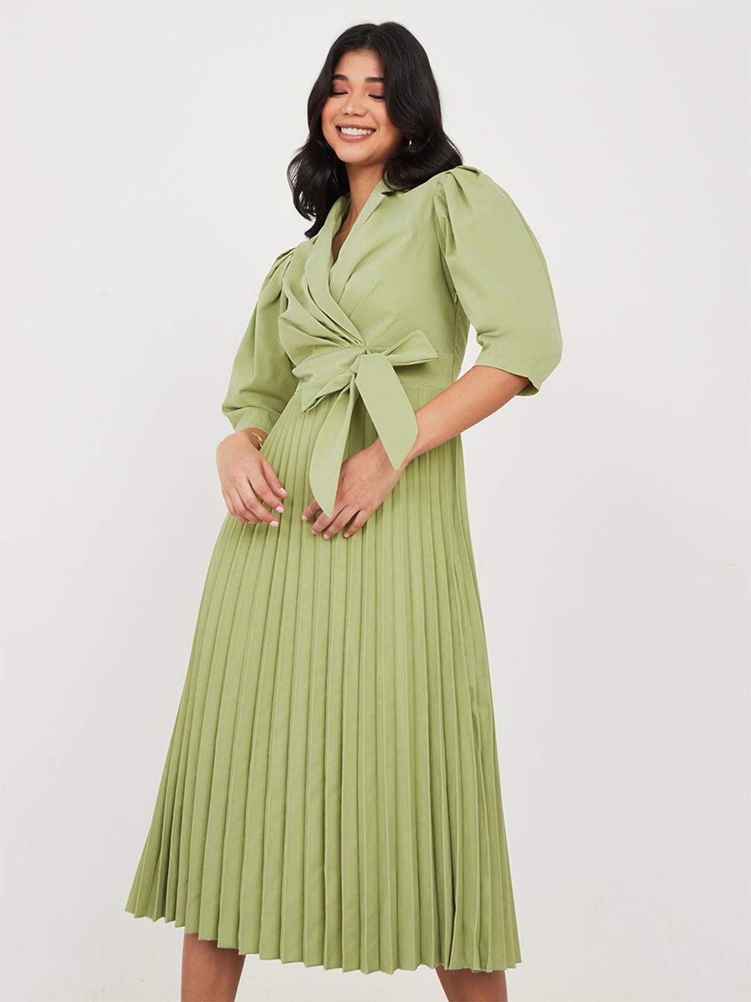 

Styli Puff Sleeves Accordion Pleated Bow Midi Dress, Green
