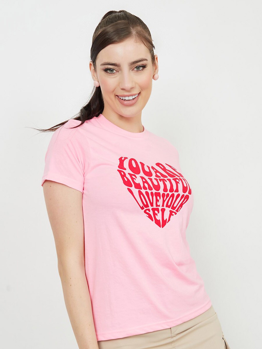 

Styli Typography Printed Short Sleeves Cotton T-shirt, Pink