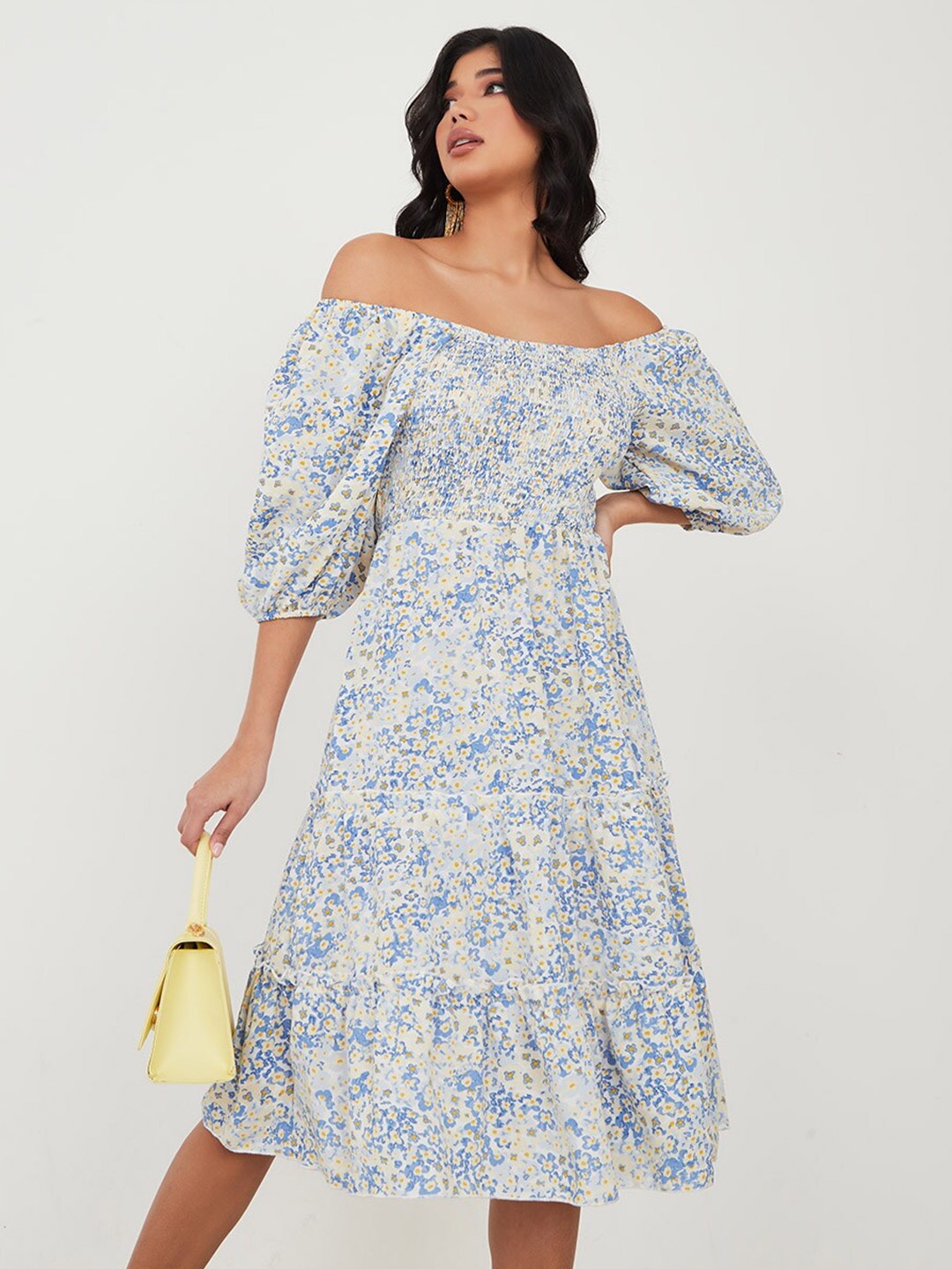 

Styli Floral Printed Off-Shoulder Puff Sleeves Smocked Tiered Fit & Flare Dress, Blue