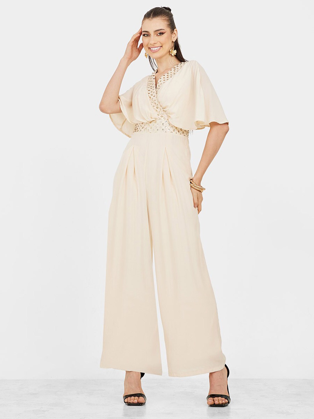 

Styli Sequence Embellished V-Neck Flared Sleeves Basic Jumpsuit, Cream