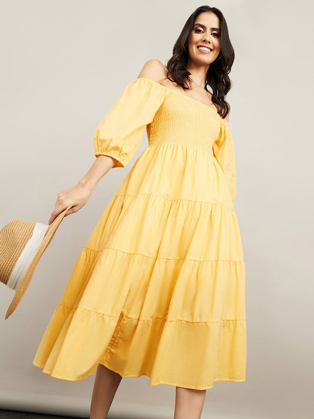 

Styli Off Shoulder Puff Sleeve Smocked Tiered Cotton Midi Dress, Yellow