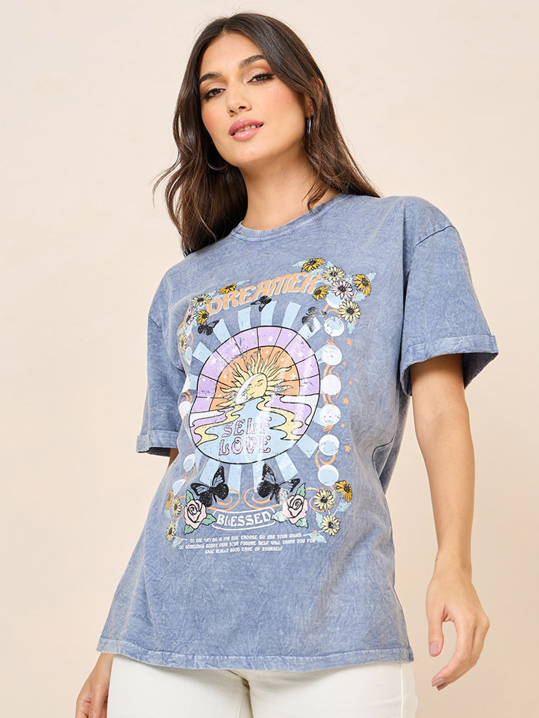

Styli Graphic Printed Drop Shoulder Sleeves Relaxed Fit Cotton T-shirt, Blue