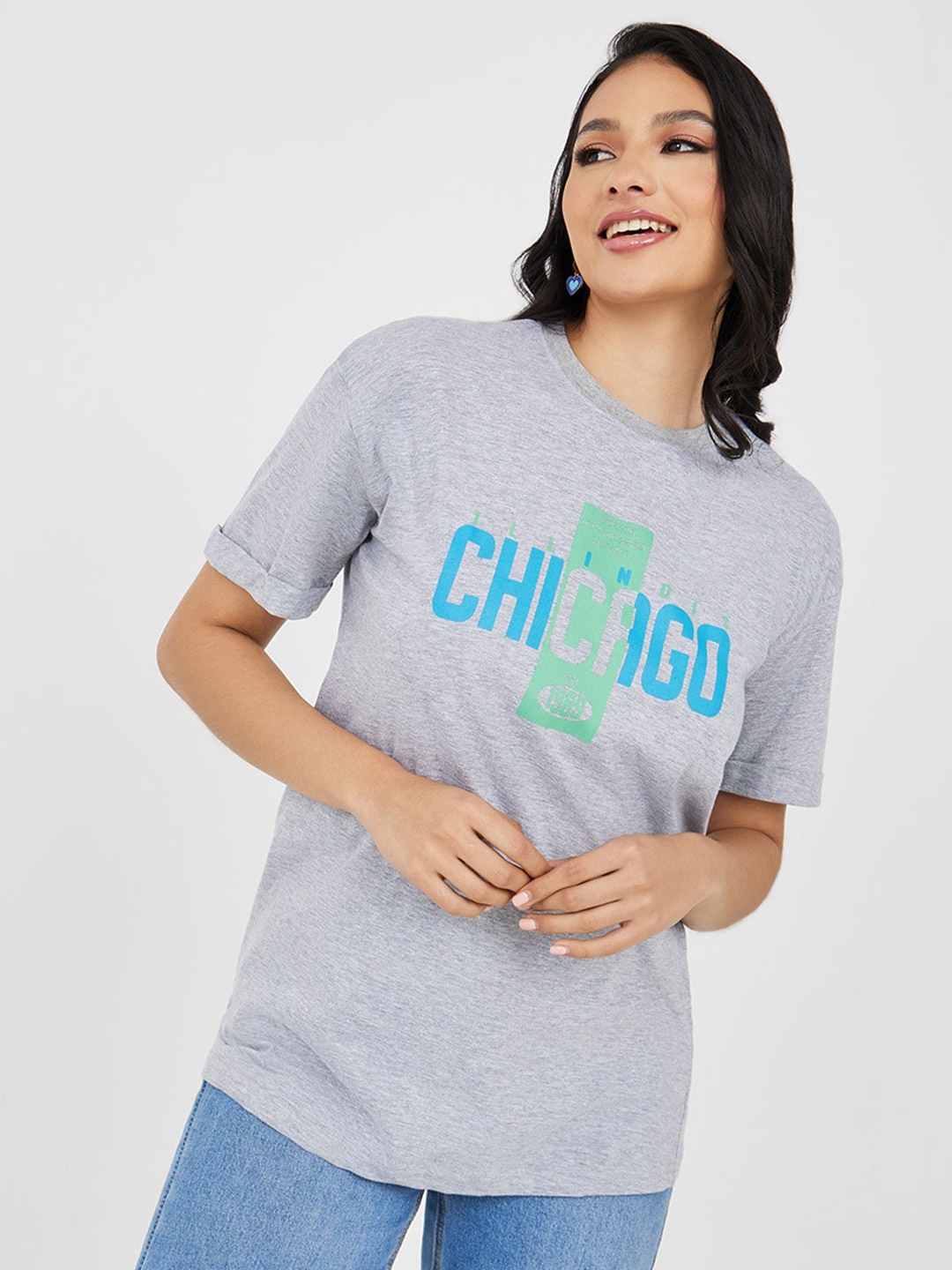 

Styli Typography Printed Drop Shoulder Sleeves Relaxed Fit Cotton T-shirt, Grey