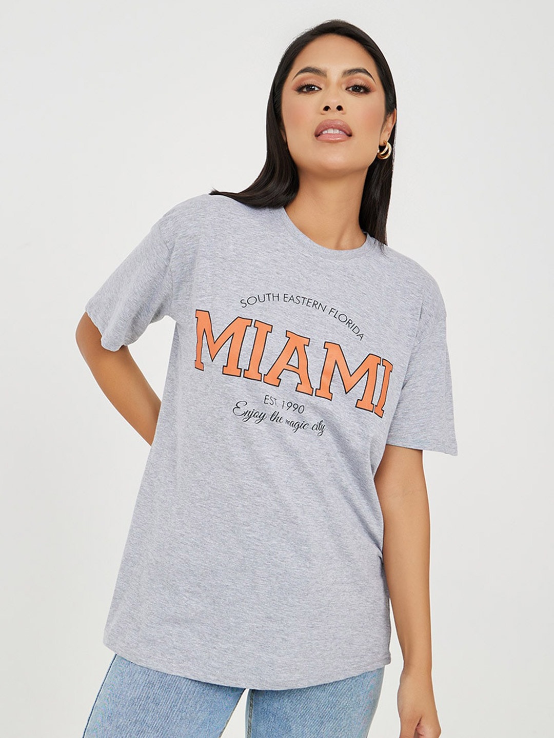 

Styli Typography Printed Drop Shoulder Sleeves Relaxed Fit Cotton T-shirt, Grey