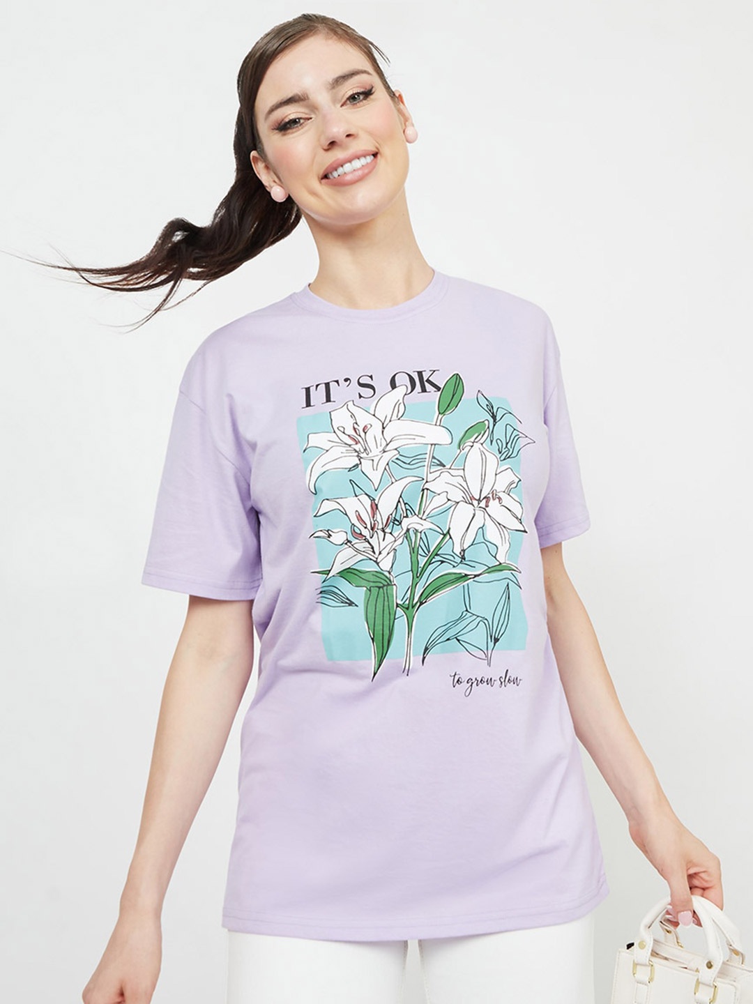 

Styli Graphic Printed Drop Shoulder Sleeves Relaxed Fit Cotton T-shirt, Purple